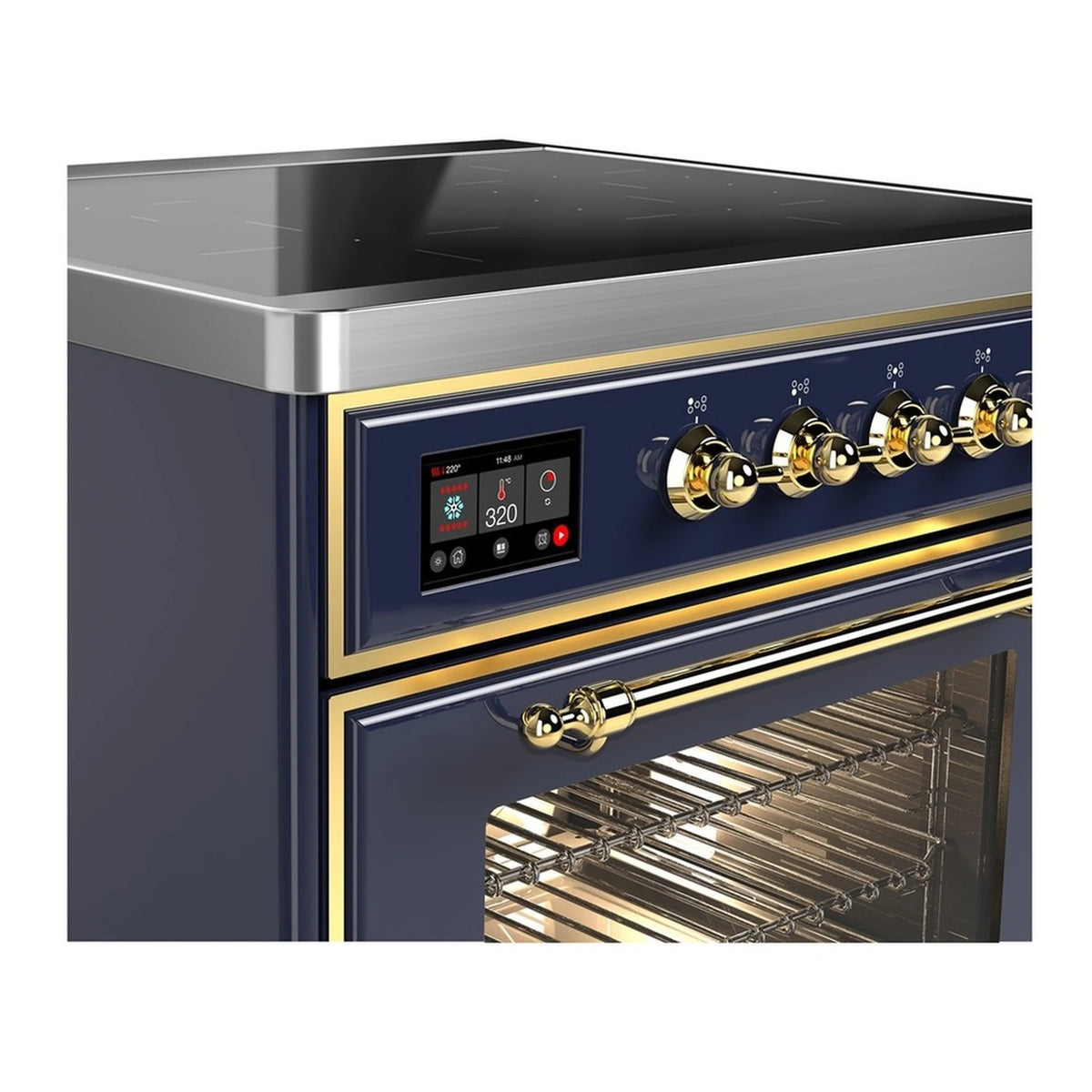 Midnight blue induction range with brass knobs; close-up of control panel and oven