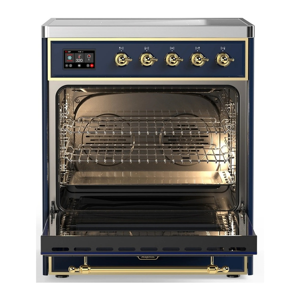 Midnight blue induction range with brass trim; open oven with wire racks