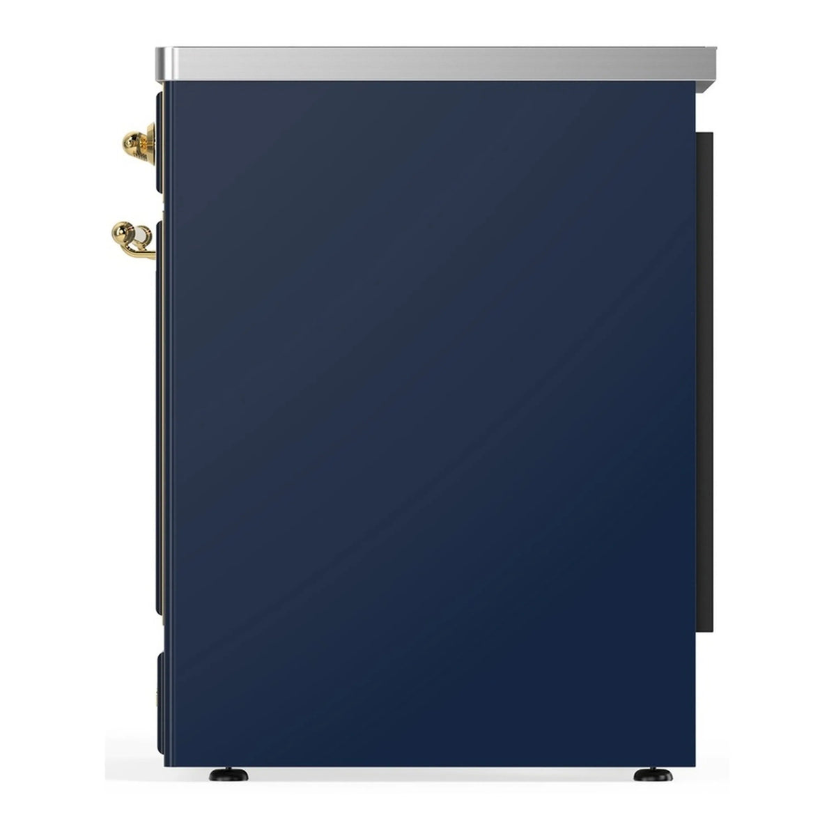 Midnight blue induction range side panel with brass handle and control trim