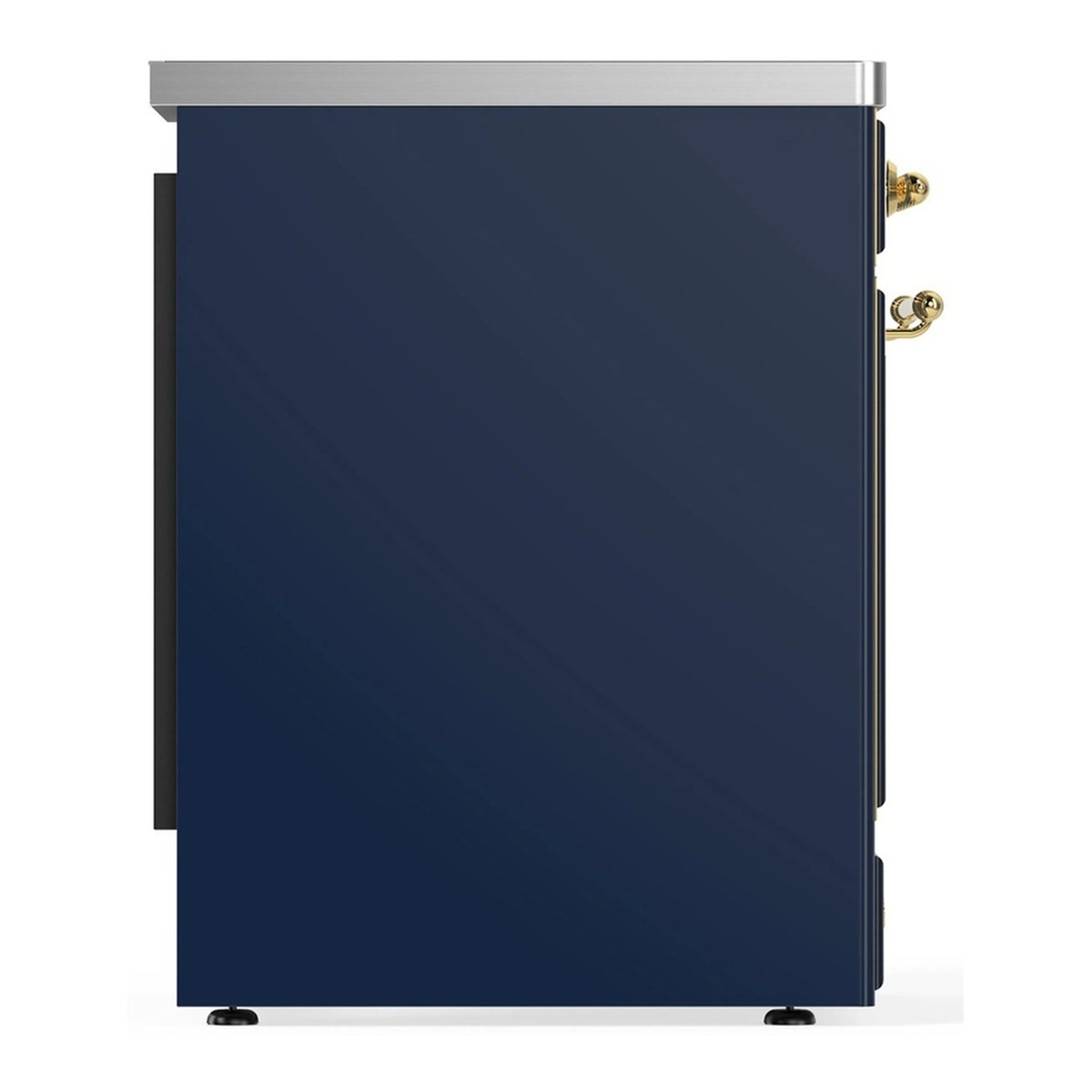 Midnight blue induction range side/rear panel with brass handles and feet