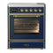 ILVE Majestic III 30-Inch Induction Range with 4 Induction Elements and Triple Glass Door Electric Oven in Mightnight Blue with Brass Trim (UMIB30NR3MBG)