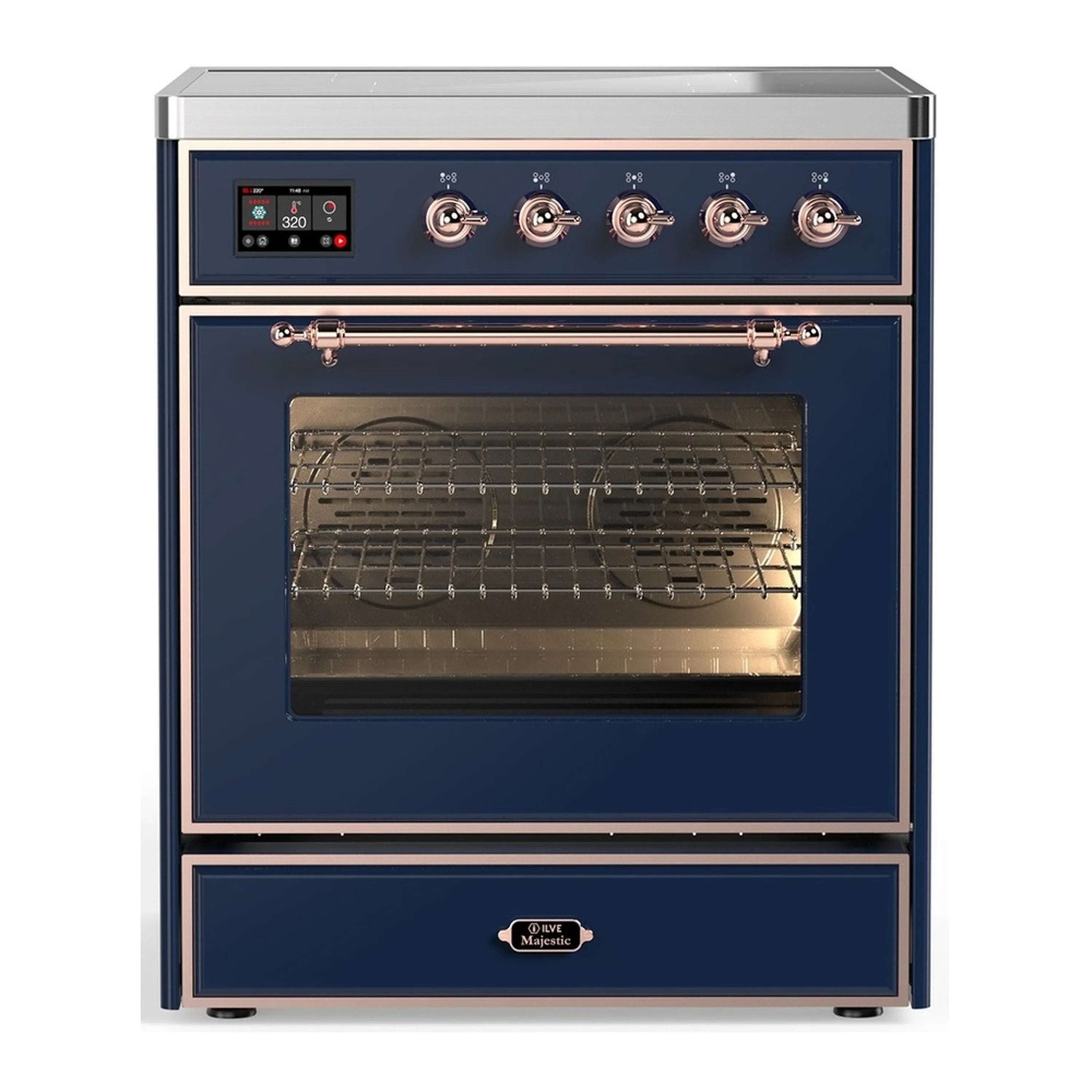 30-inch induction range with glass door oven, midnight blue body, copper control knobs