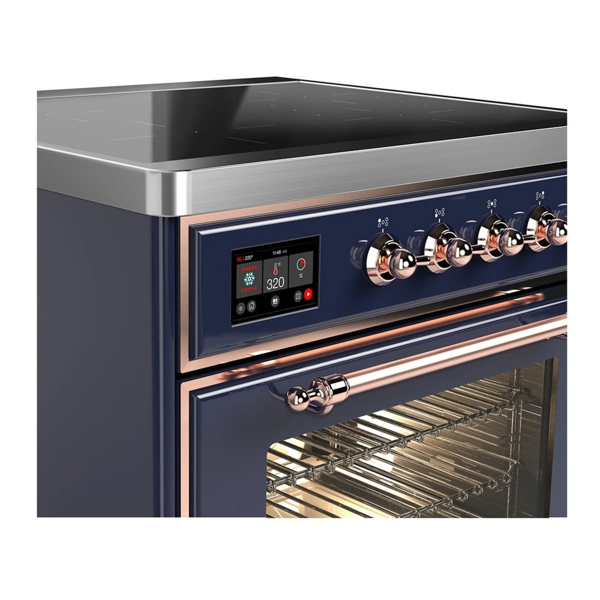 Induction range in midnight blue with copper trim, control panel and oven door with racks visible