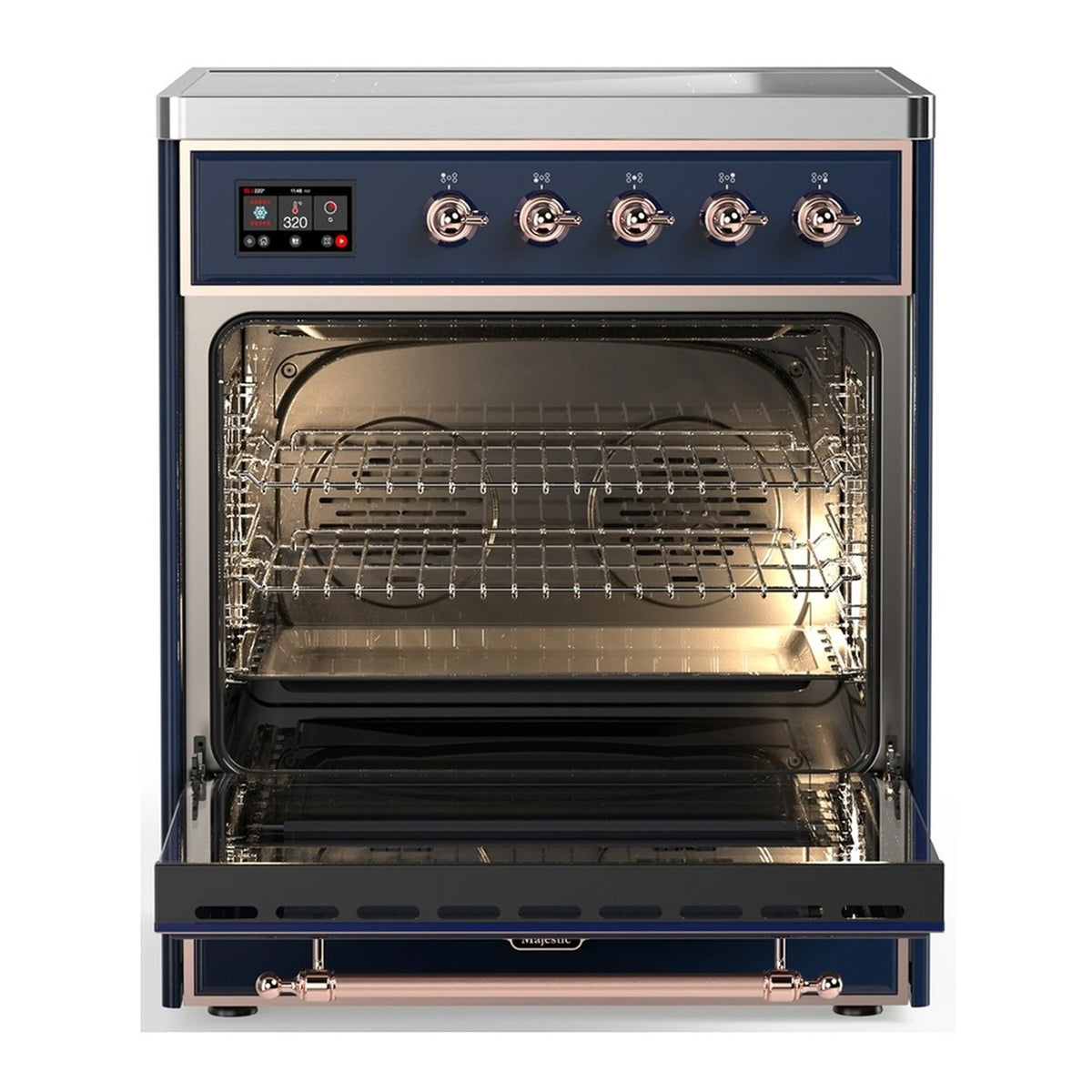 Midnight blue induction range with open electric oven door, racks, copper trim and controls
