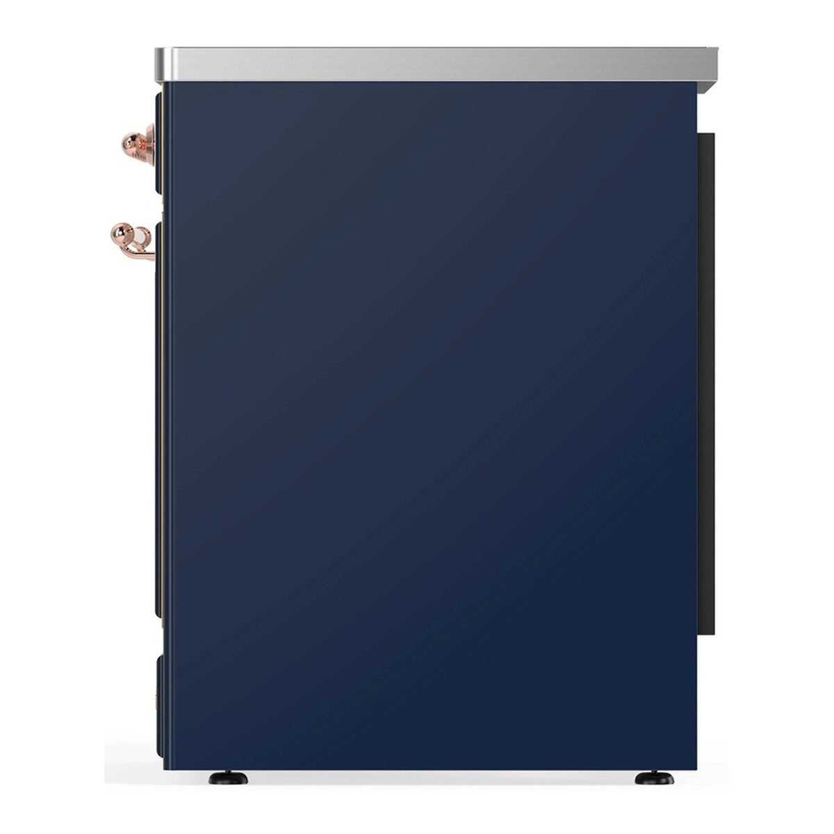 Midnight blue induction range with copper trim and glass oven door