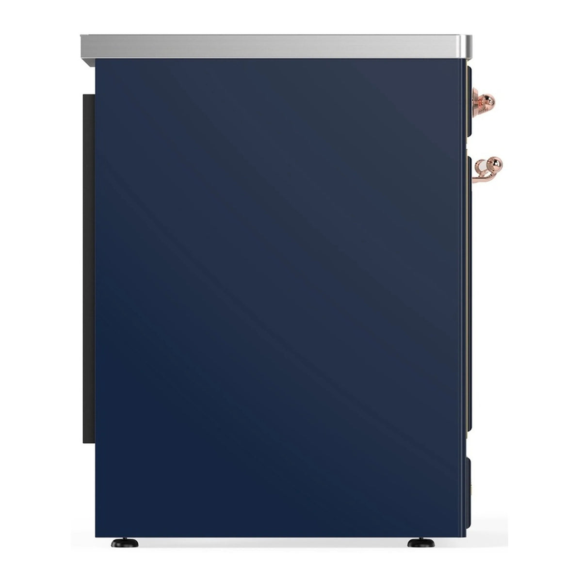 Blue electric range oven door with copper handles and side trim