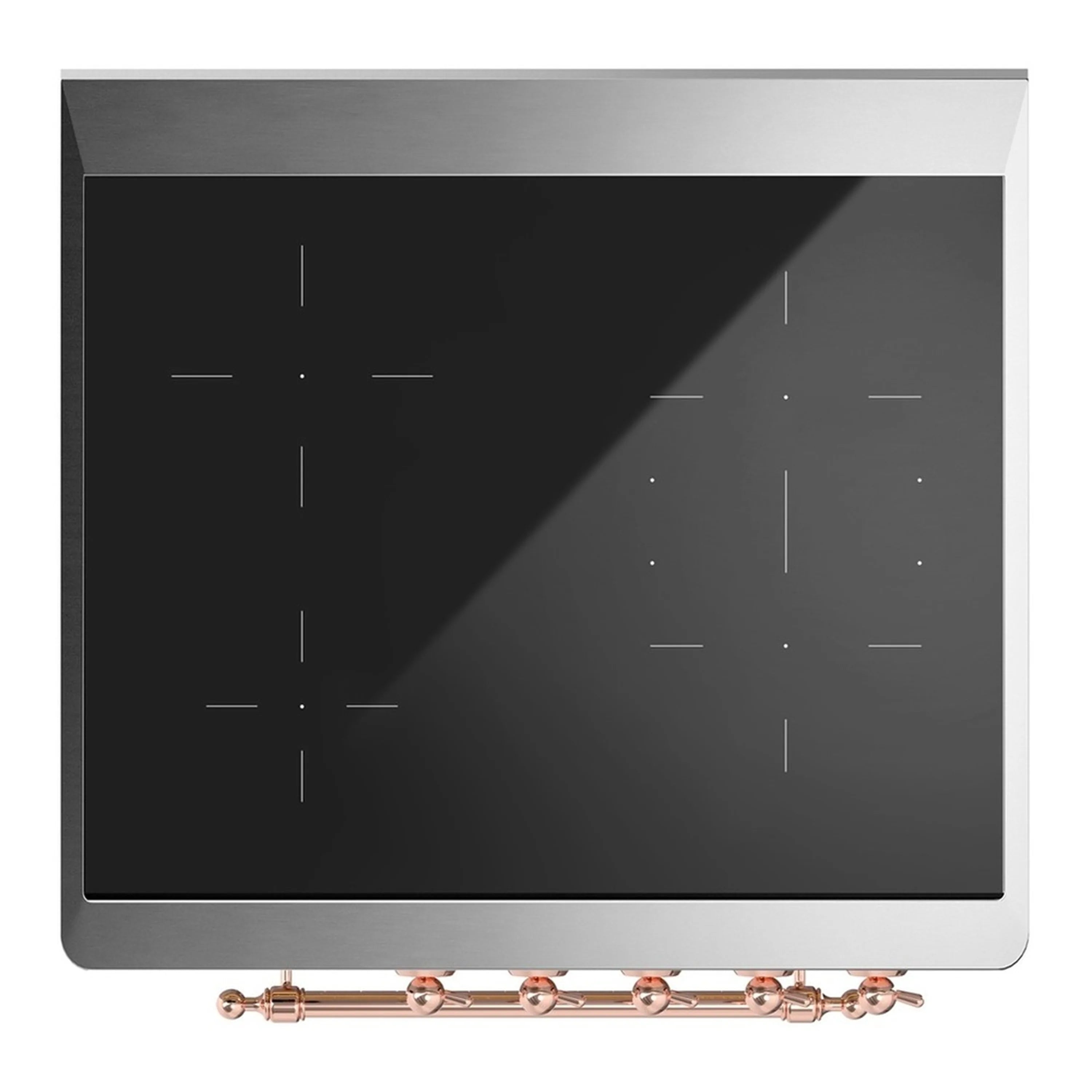 Induction range with dark glass cooktop and copper knob trim