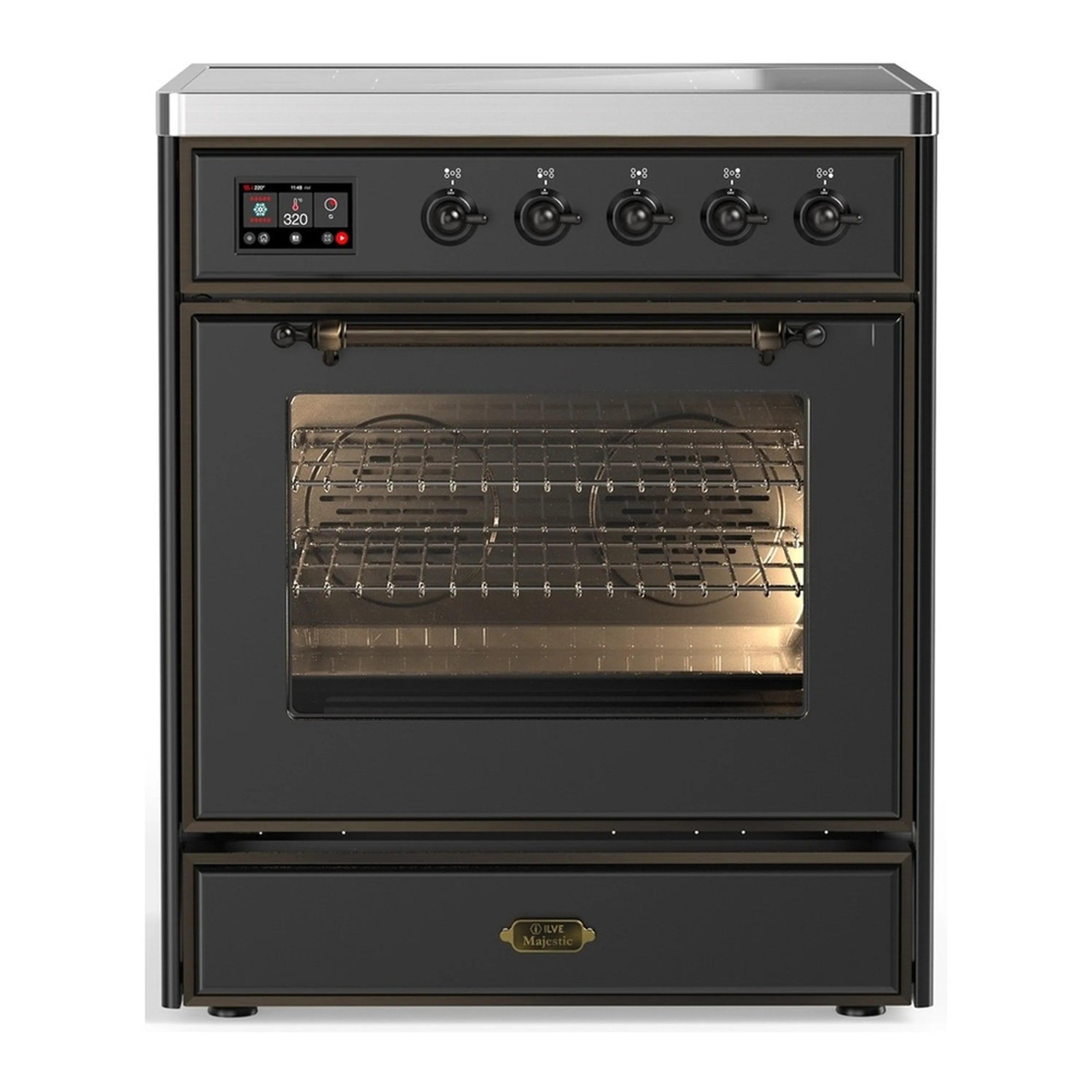 Matte graphite induction range with open triple-glass oven door and 4 induction controls.