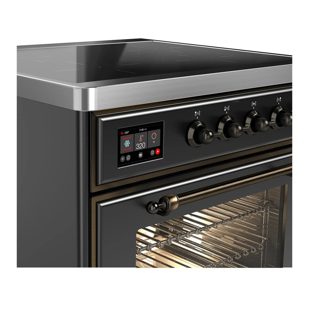 Matte graphite induction range control panel with 4 knobs and view of open oven interior.