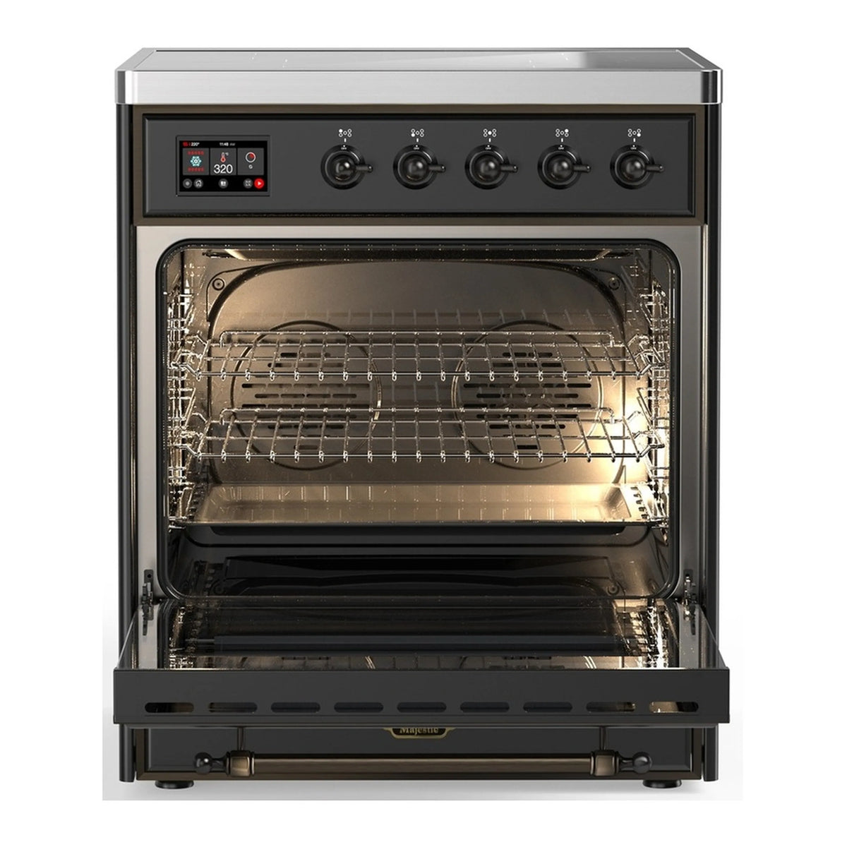 Matte graphite induction range oven with racks visible through open triple-glass door.