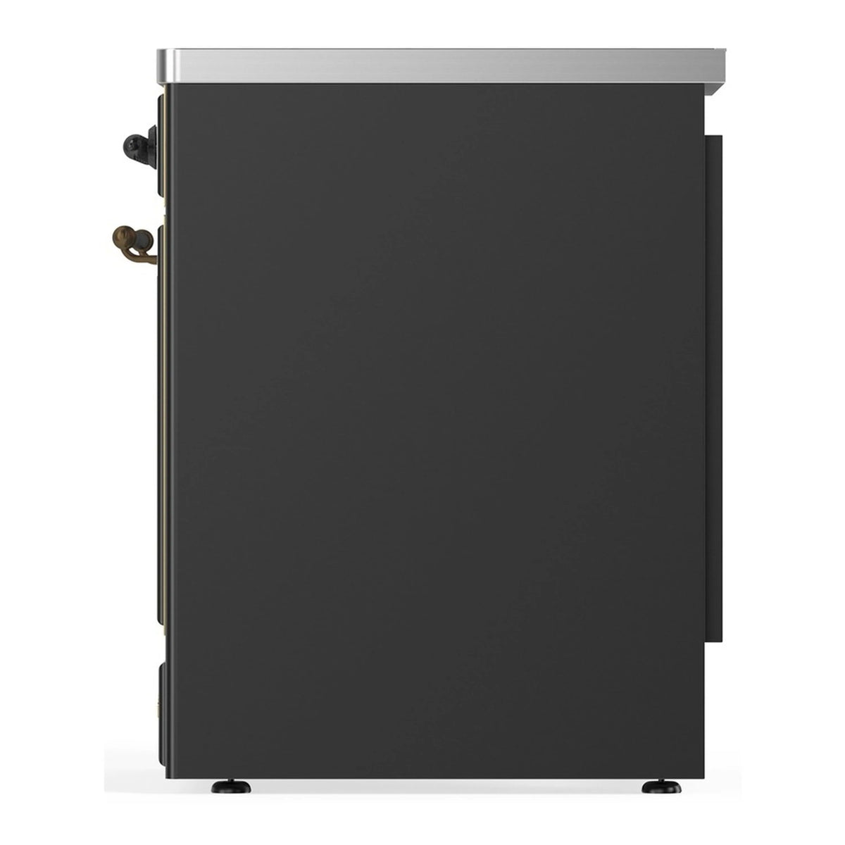 Matte graphite induction range side/back panel with vented trim and rear handle details.