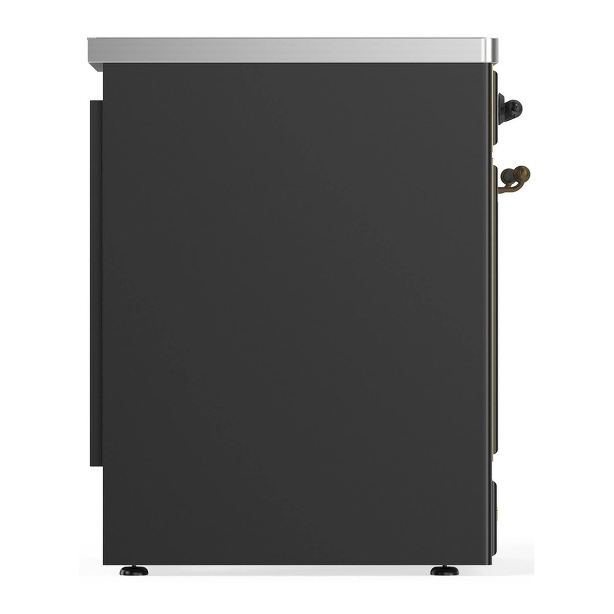 Matte graphite induction range side panel with brass handle details and adjustable feet.