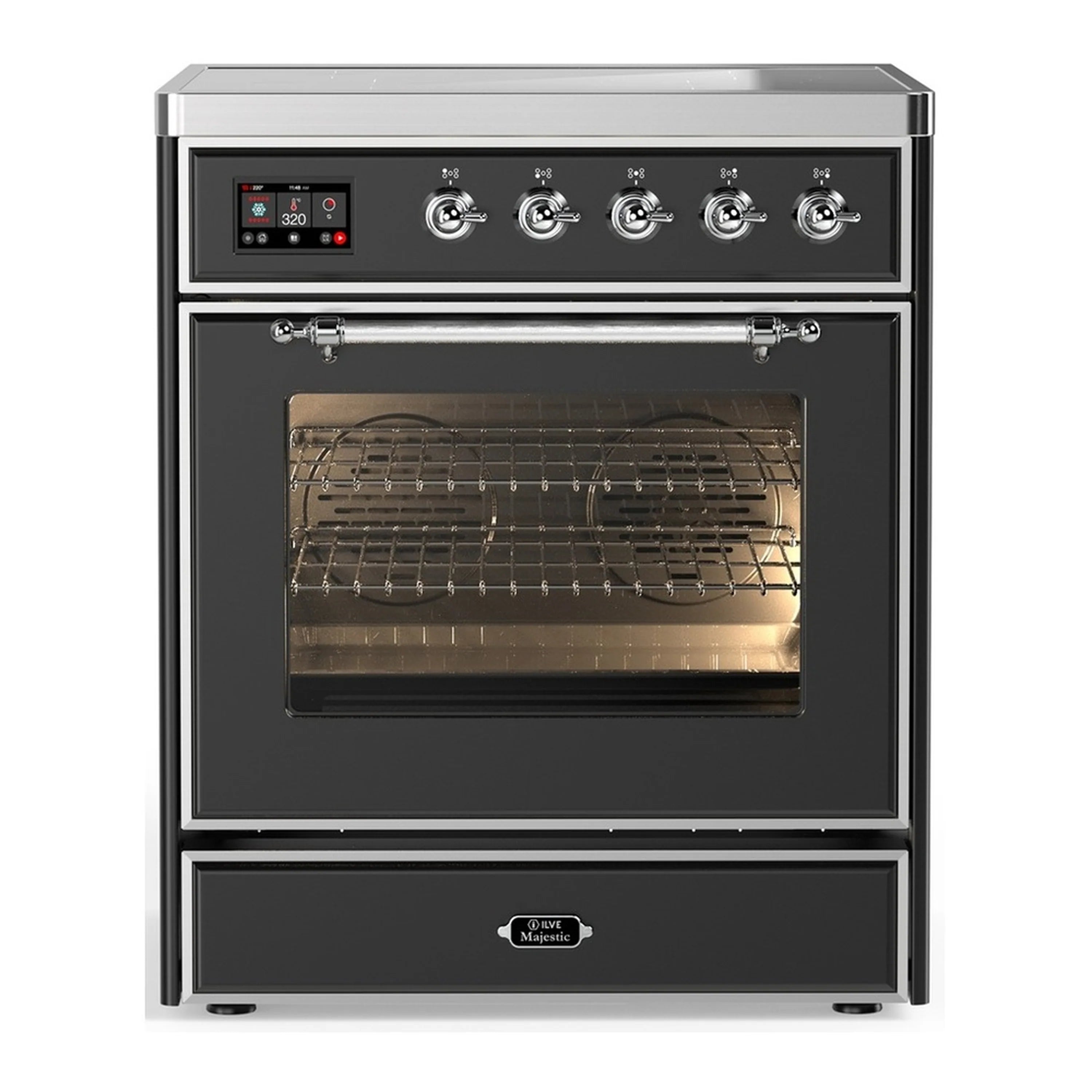 Matte graphite induction range with chrome trim; oven door open, wire rack visible