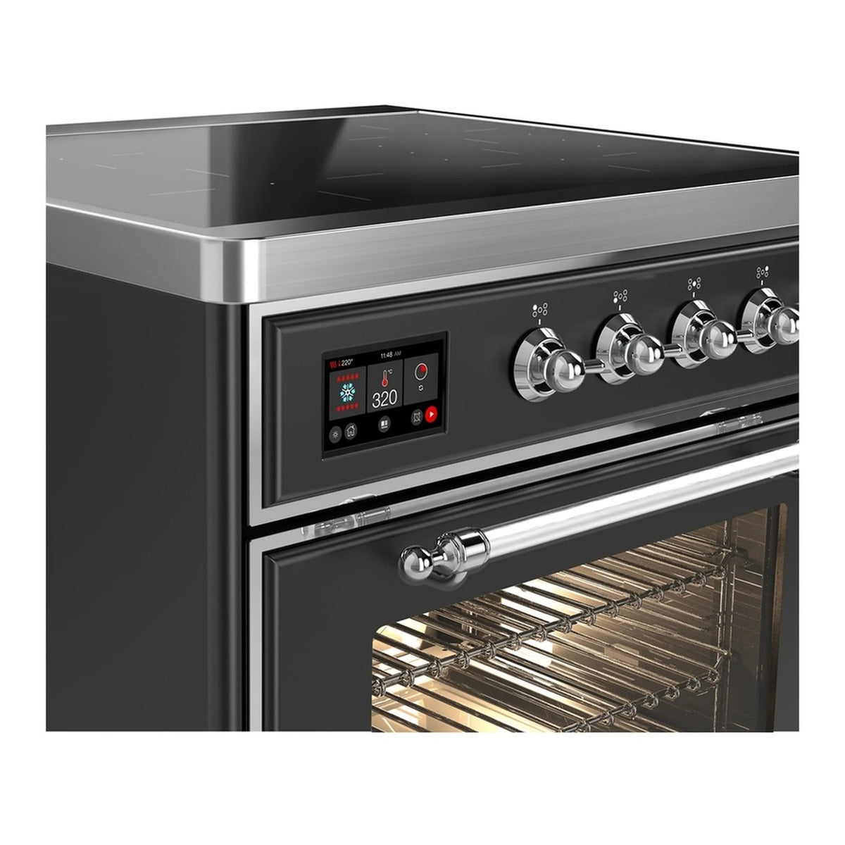 Matte graphite induction range control panel and oven door window with interior racks