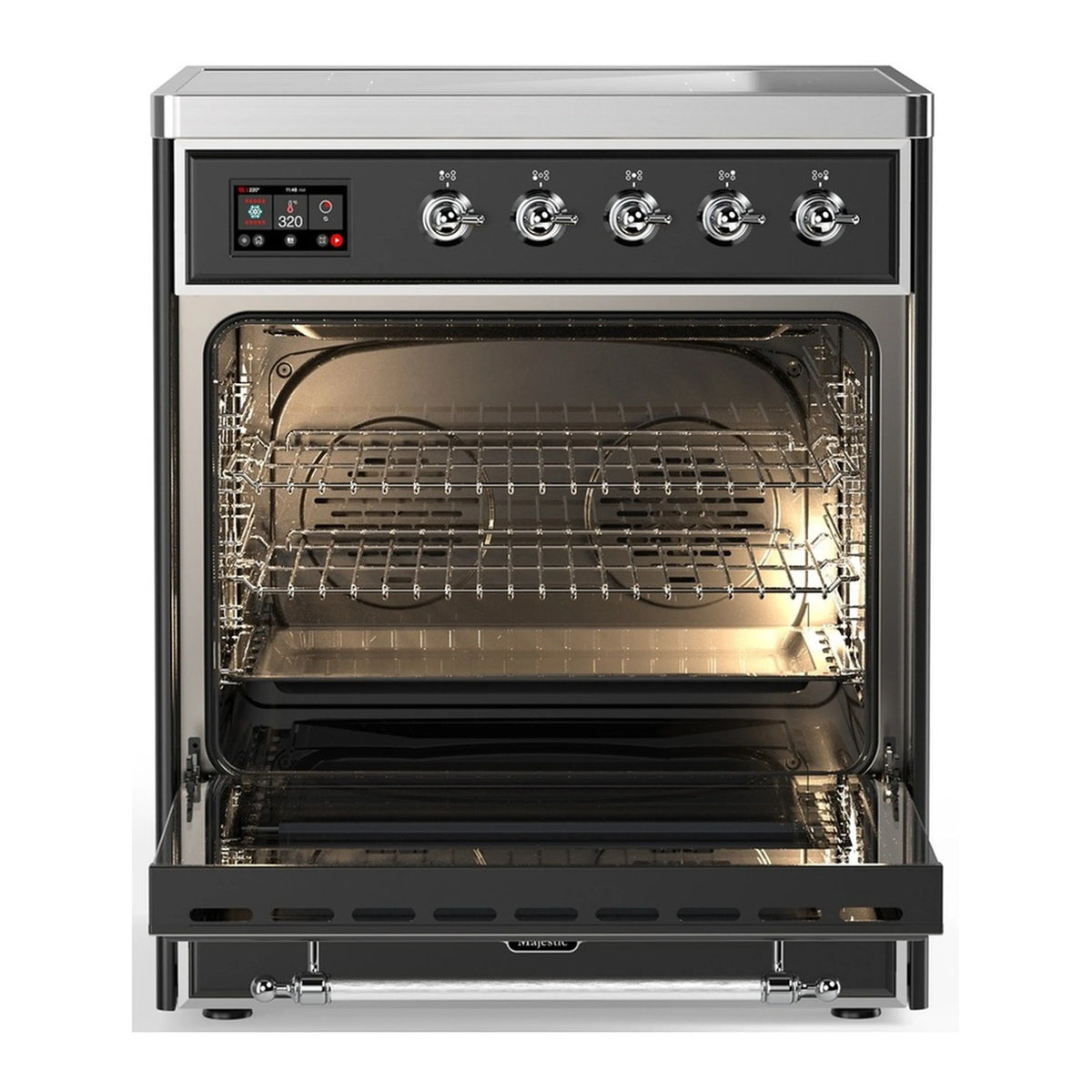 Matte graphite induction range with chrome trim; oven door open, wire rack visible
