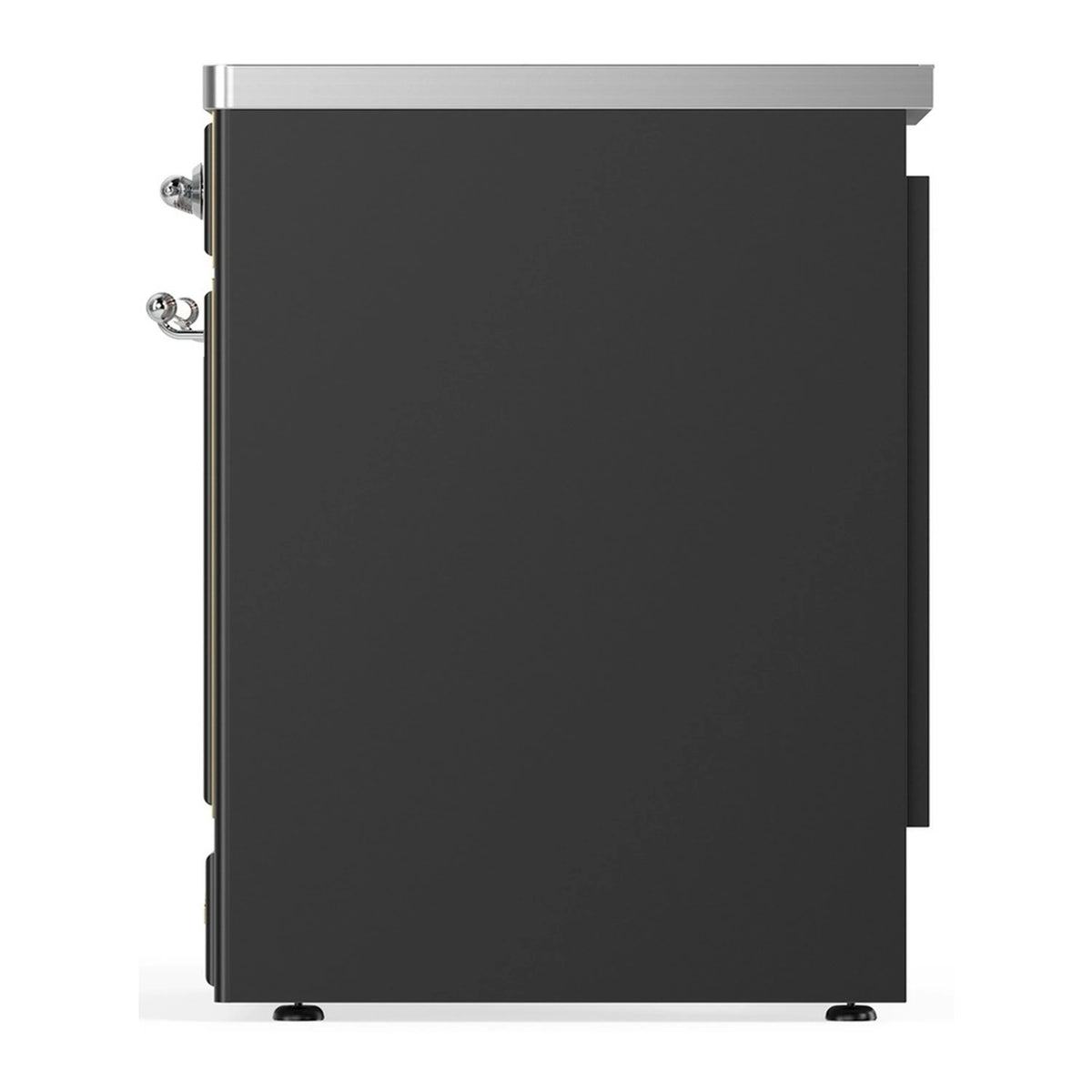 Matte graphite induction range back/side panel with chrome trim and handle hardware