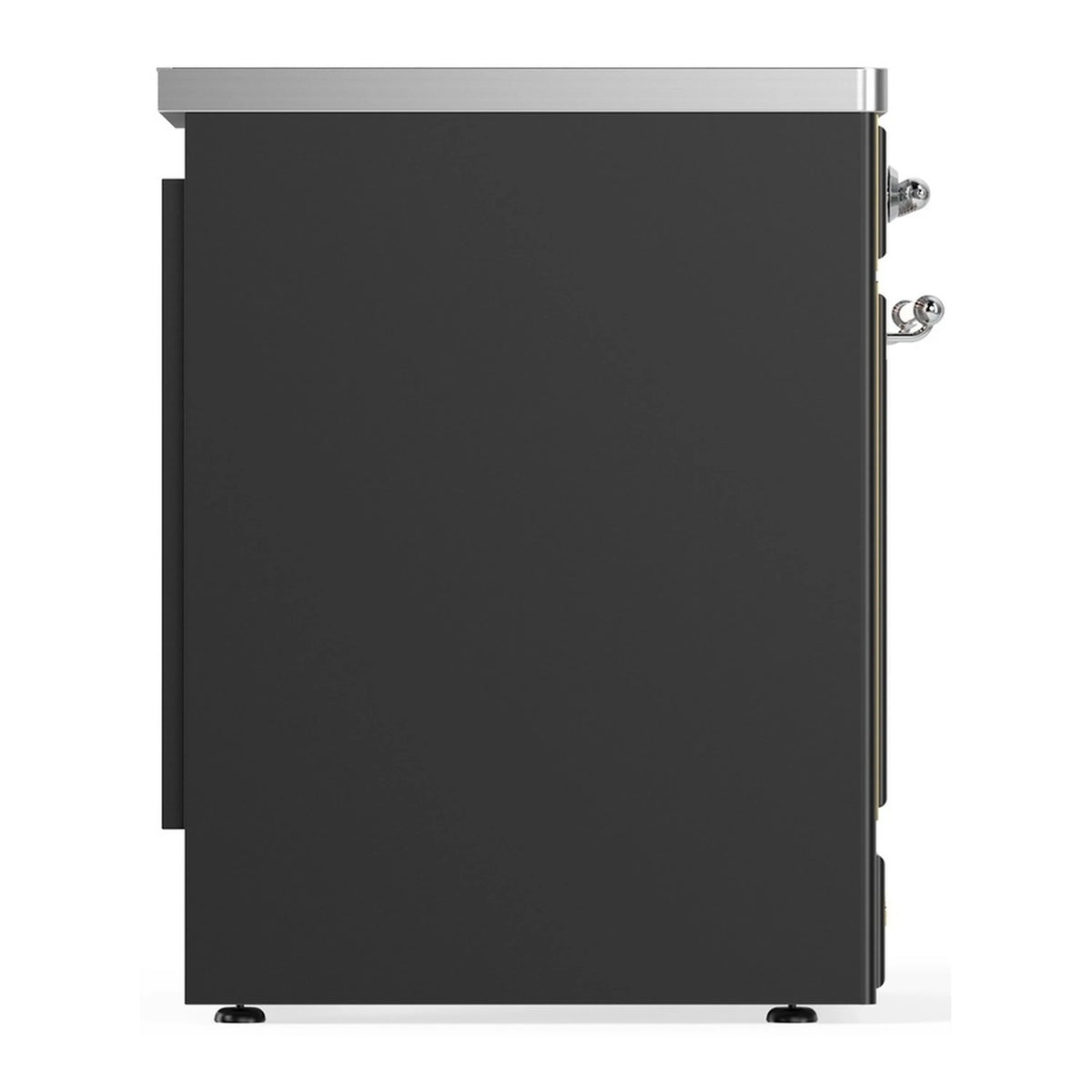 Matte graphite induction range side panel with chrome trim and handle hardware
