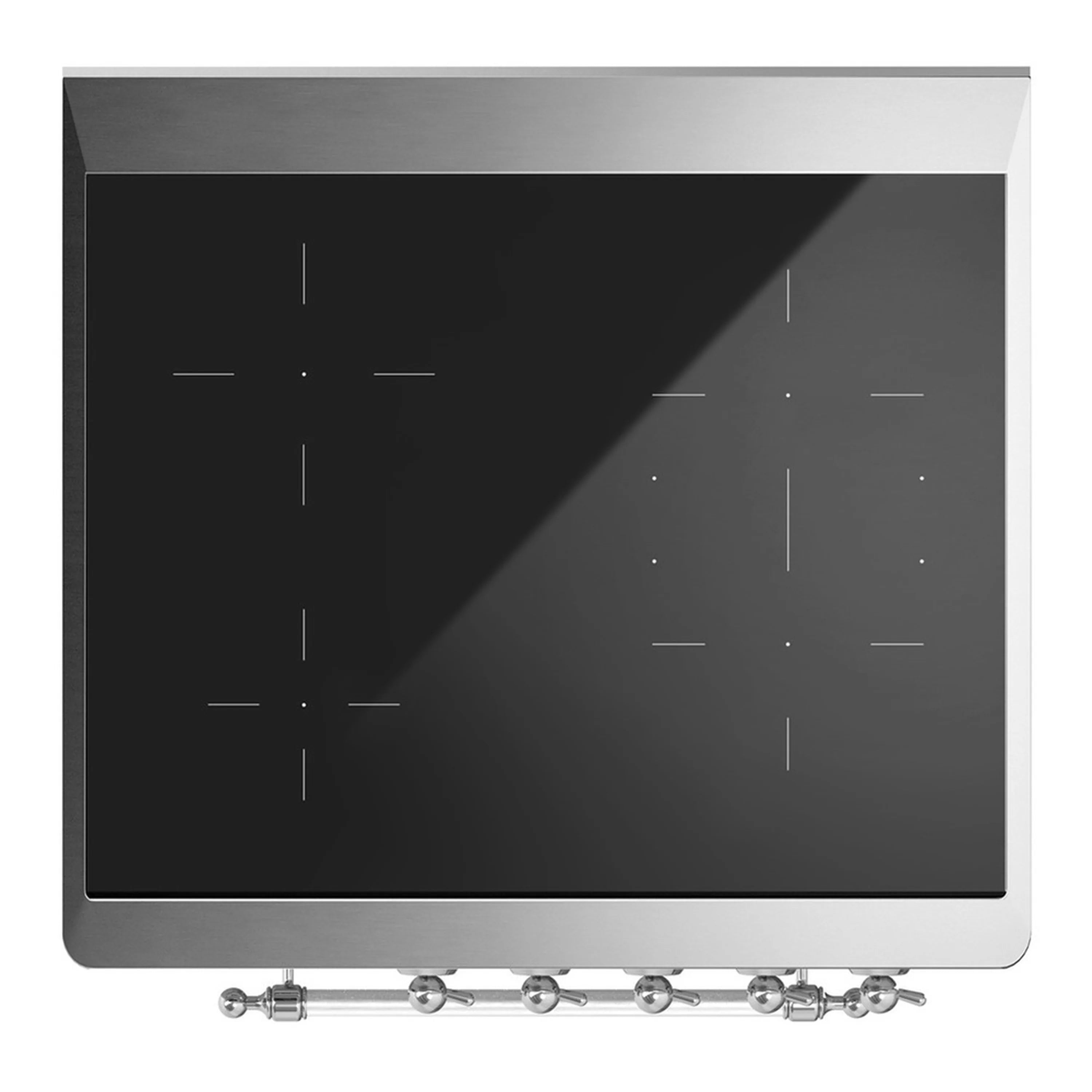 Matte graphite induction cooktop glass with burner markings and chrome knobs