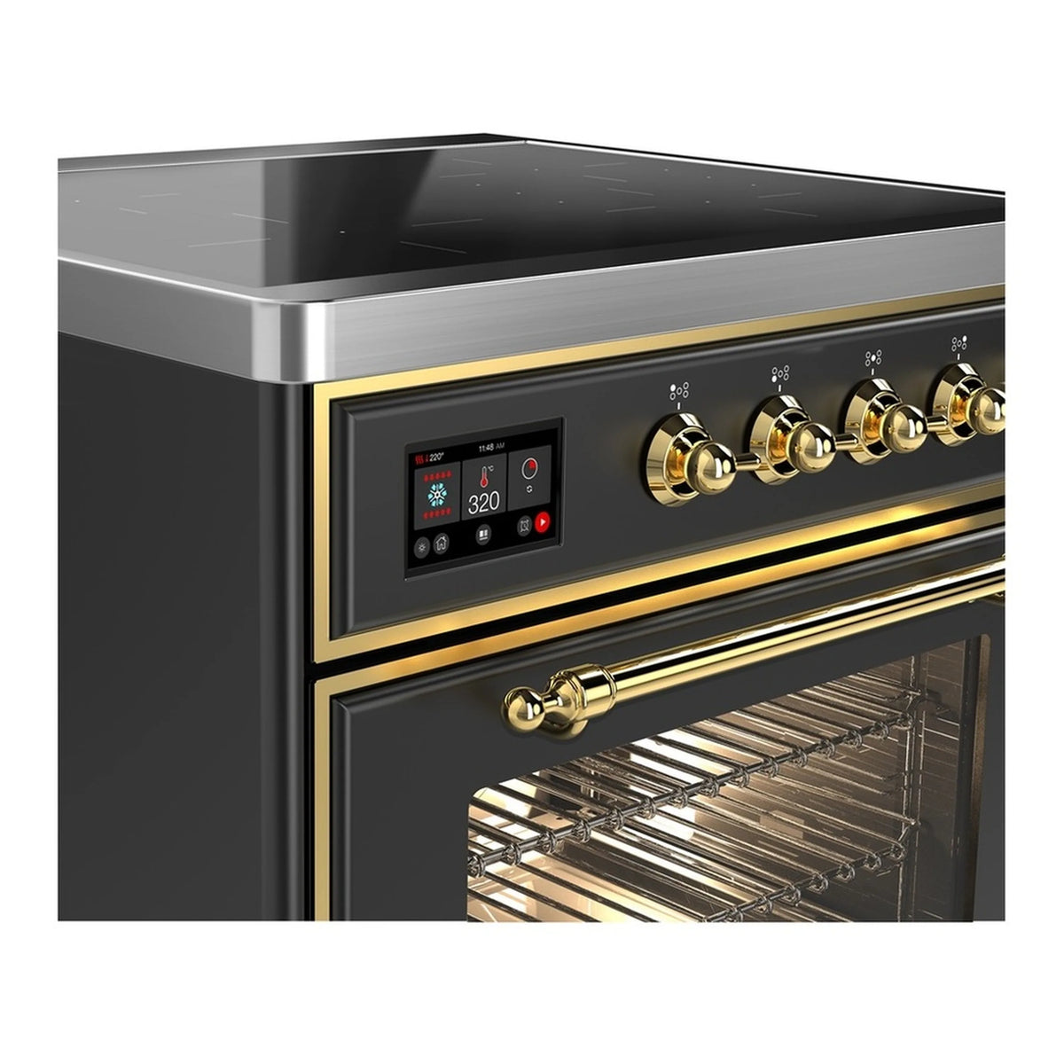 Matte graphite induction range control panel with brass knobs and digital display