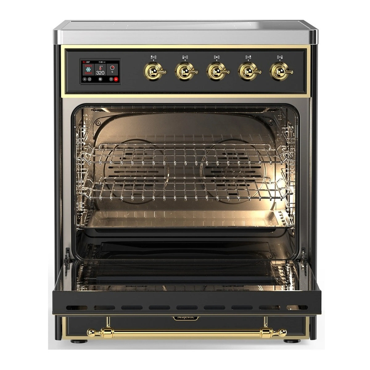 Induction oven with triple glass door open, wire racks inside, brass handle trim