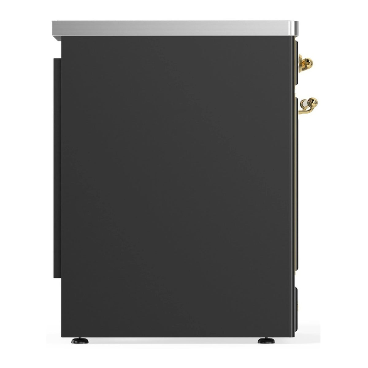 Matte graphite range rear-side panel with brass corner hardware and leveling feet