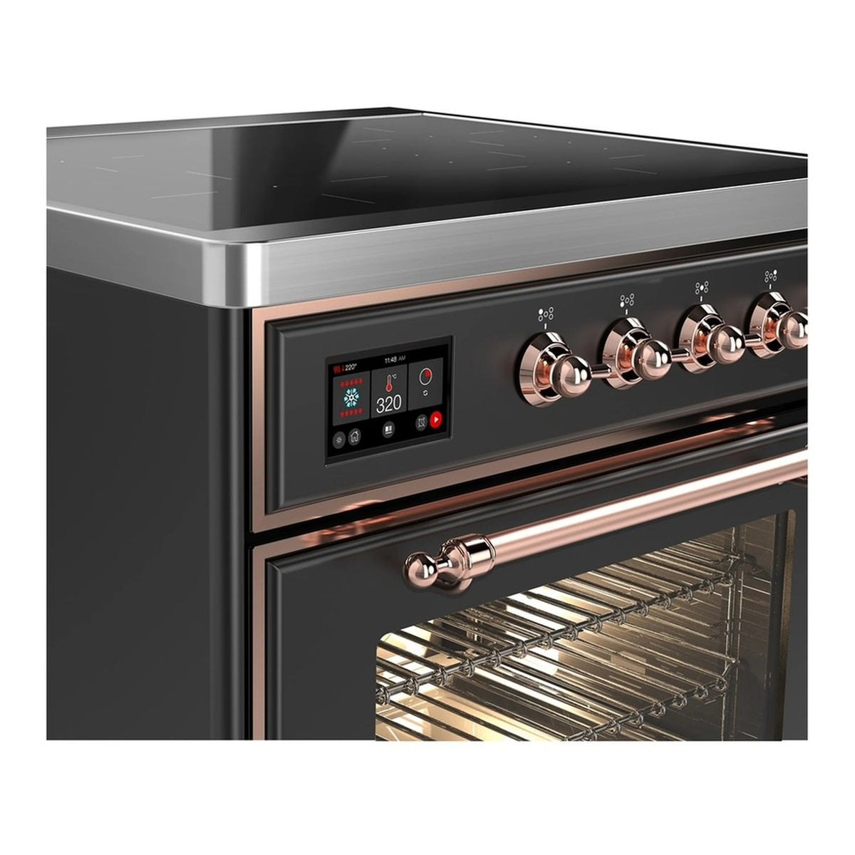 Matte graphite induction range control panel with copper knobs and open oven