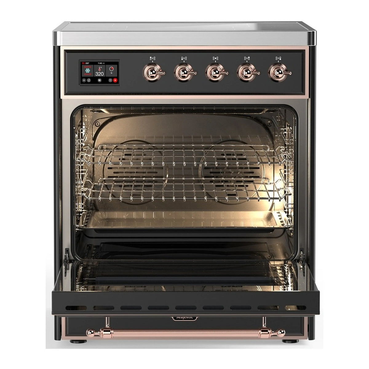 Matte graphite induction range with copper trim, oven door open with wire racks