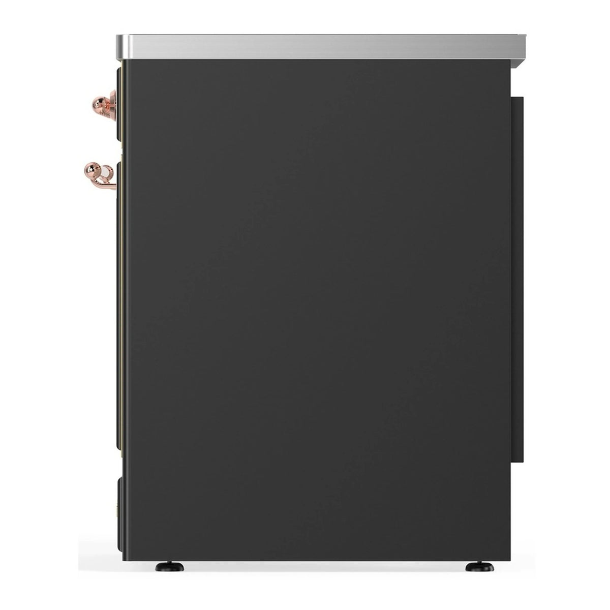 Matte graphite range side panel with copper trim details