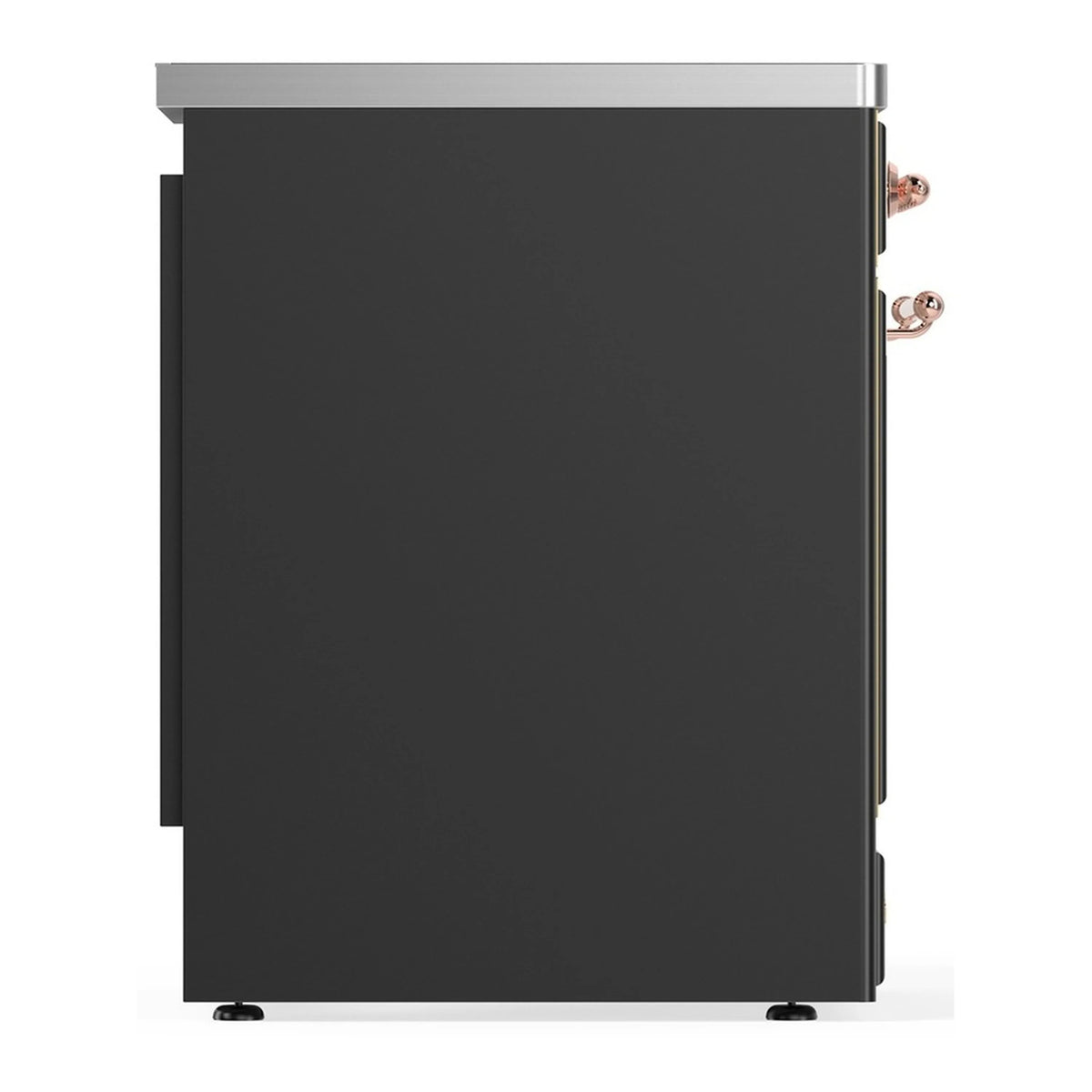 Matte graphite range side panel with copper trim and corner hardware