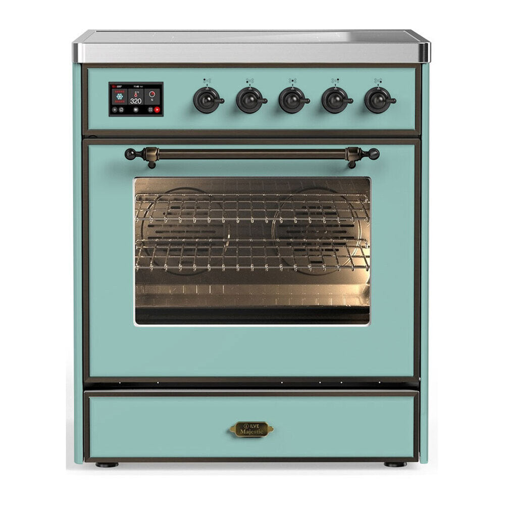 ILVE Majestic III 30-Inch Induction Range with 4 Induction Elements and Triple Glass Door Electric Oven in Mediterranean Mint with Burnished Trim (UMIB30NR3MMB)