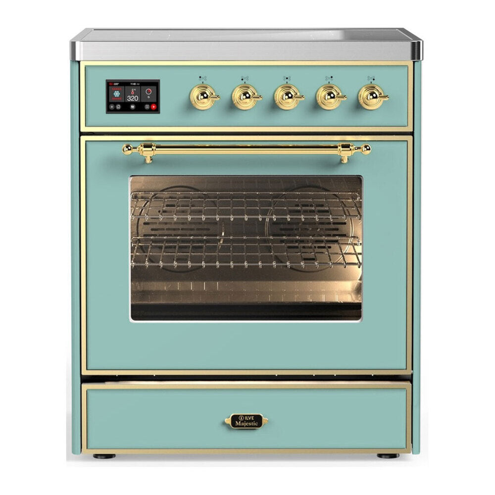 ILVE Majestic III 30-Inch Induction Range with 4 Induction Elements and Triple Glass Door Electric Oven in Mediterranean Mint with Brass Trim (UMIB30NR3MMG)