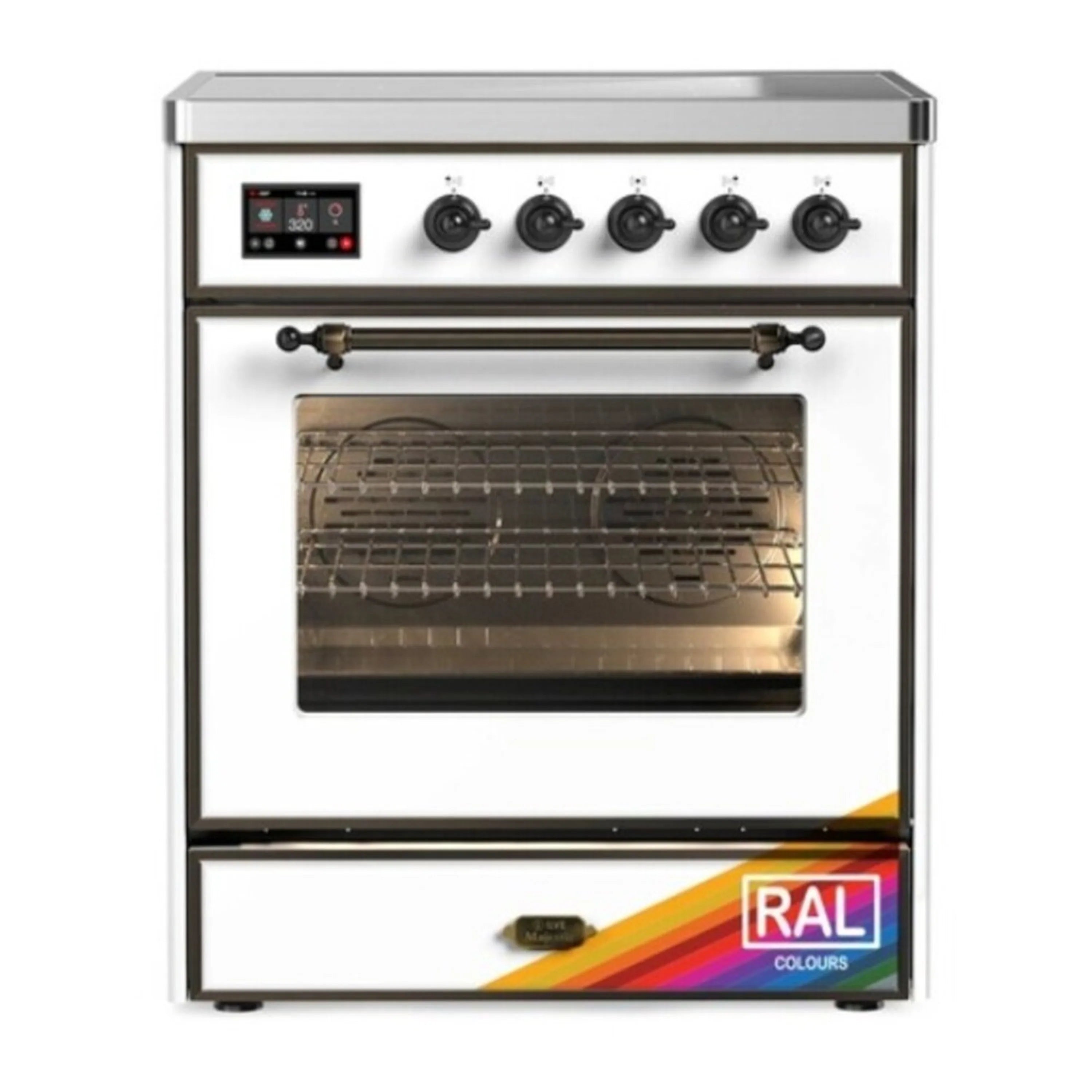 Induction range with oven door window and control panel, burnished trim