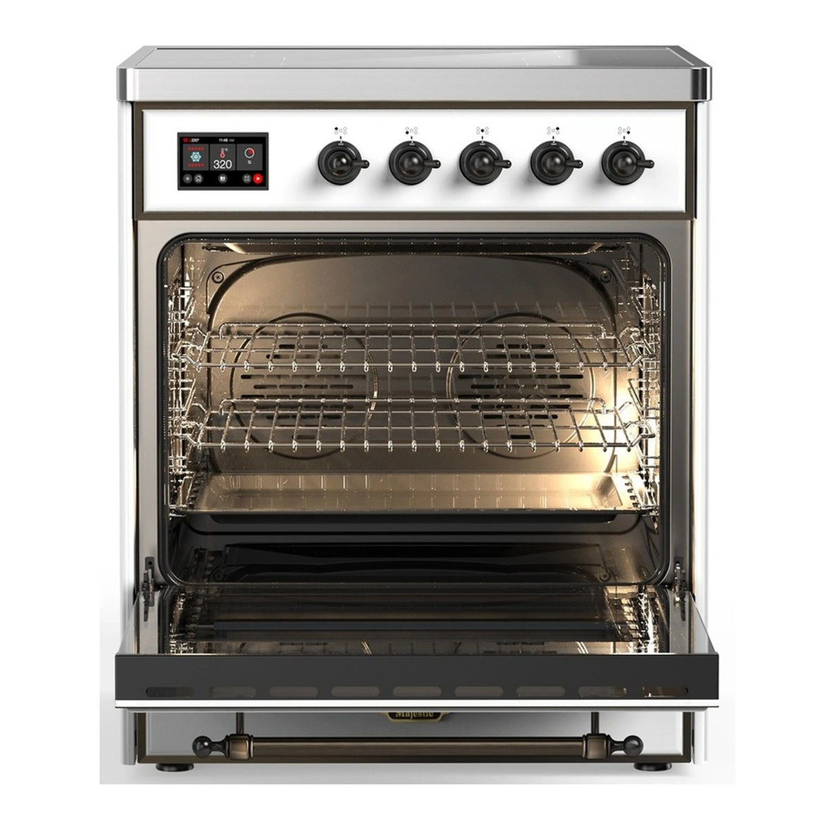 Induction range with open oven cavity, wire racks and heating elements
