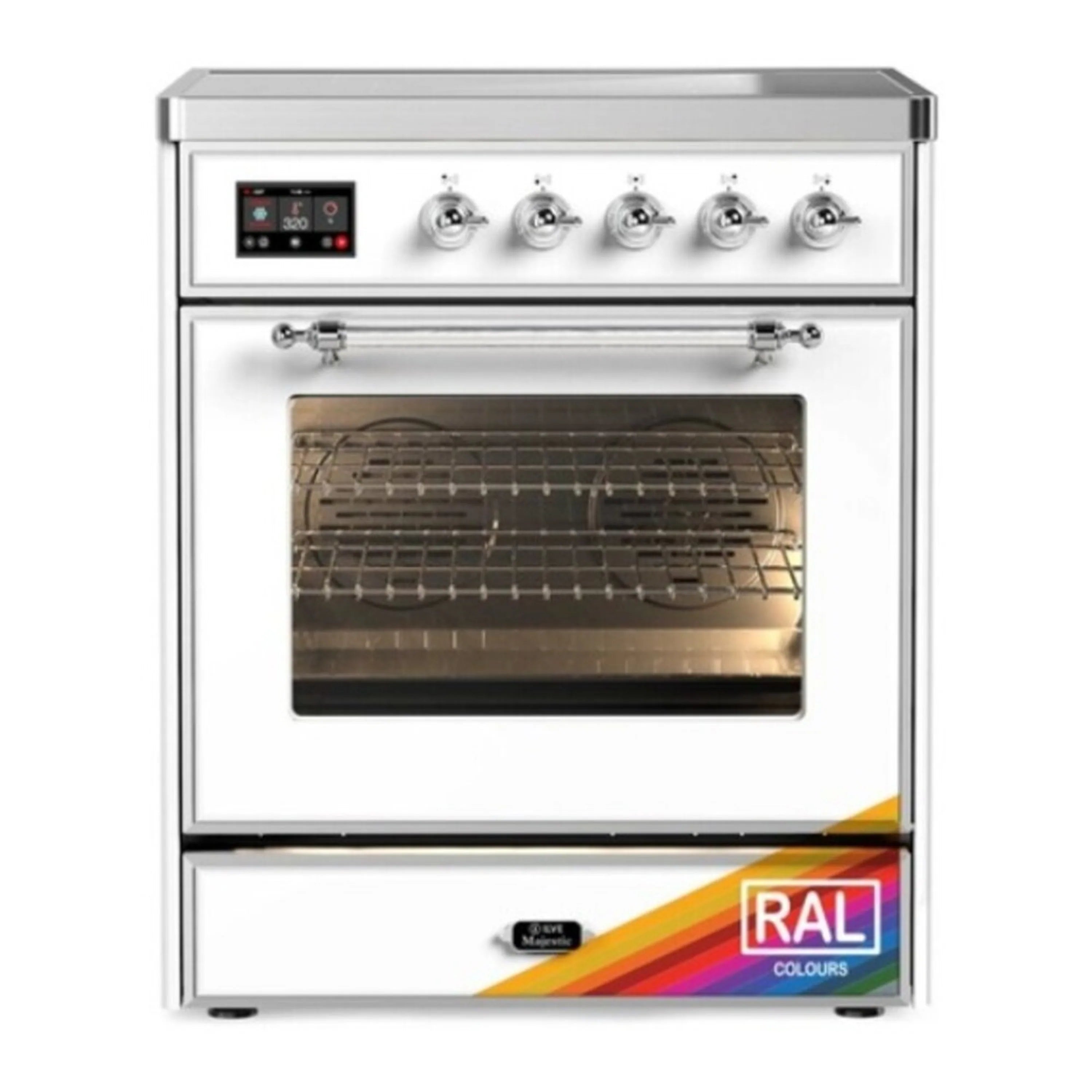 ILVE stainless induction range with chrome trim, closed triple-glass oven door