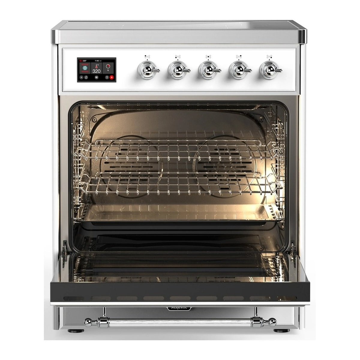ILVE stainless induction range with oven door open, racks and interior light visible