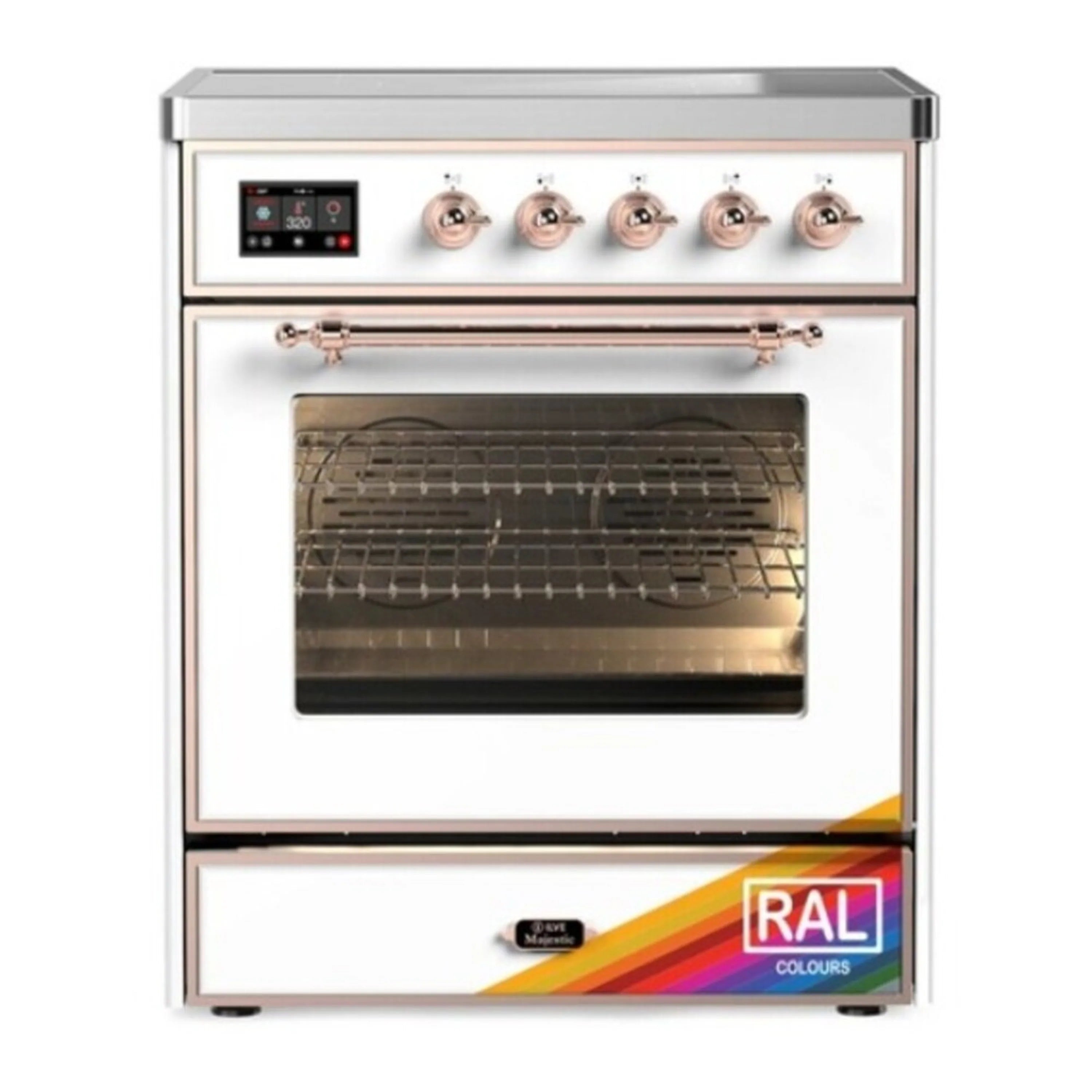 Stainless steel induction range with copper knobs, oven door closed and control panel