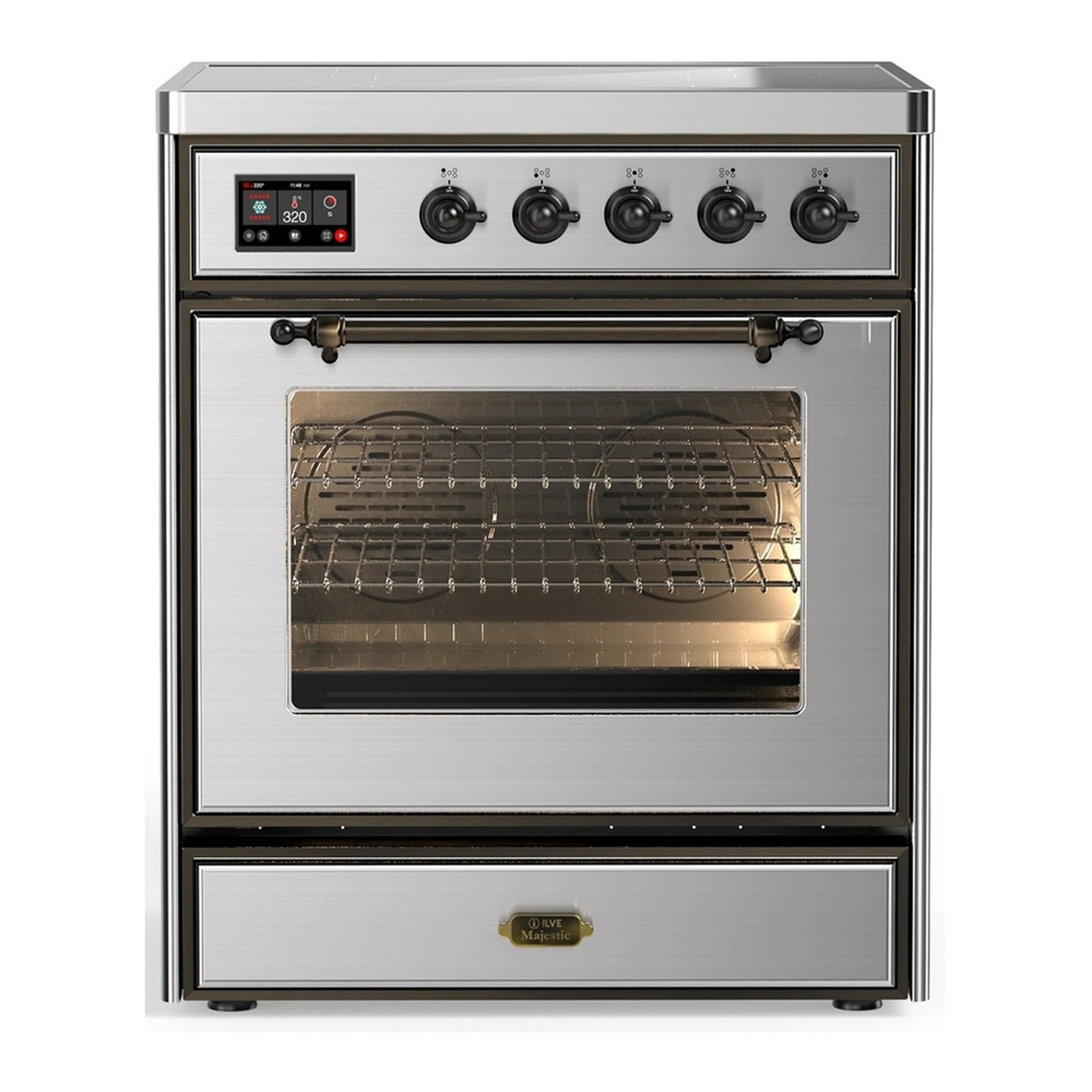 Stainless steel induction range with oven door open and visible wire oven racks
