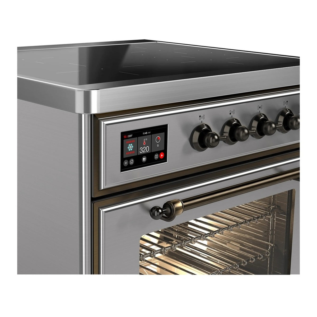Stainless steel induction range control panel and burner knobs beside open oven