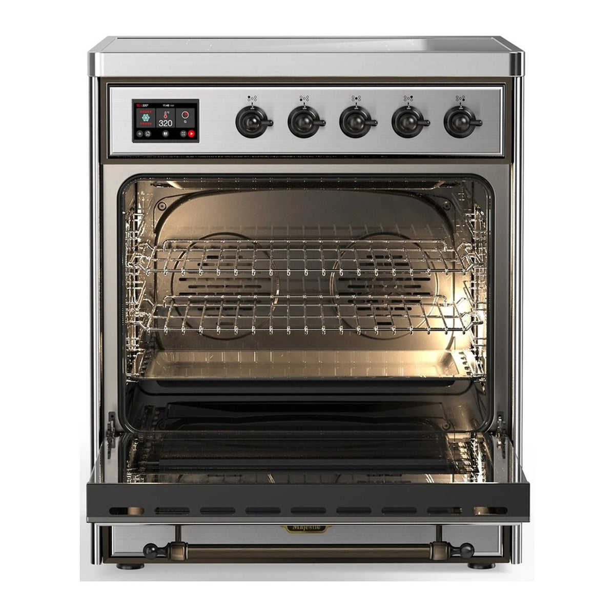 Stainless steel oven interior with baking racks and heating elements visible