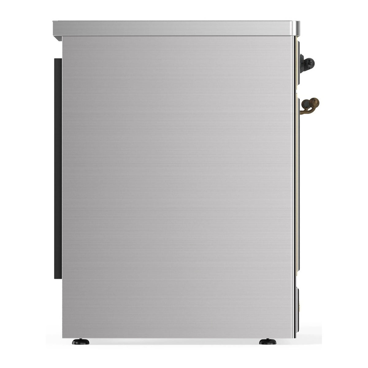 Stainless steel induction range angled side view with brushed trim and feet