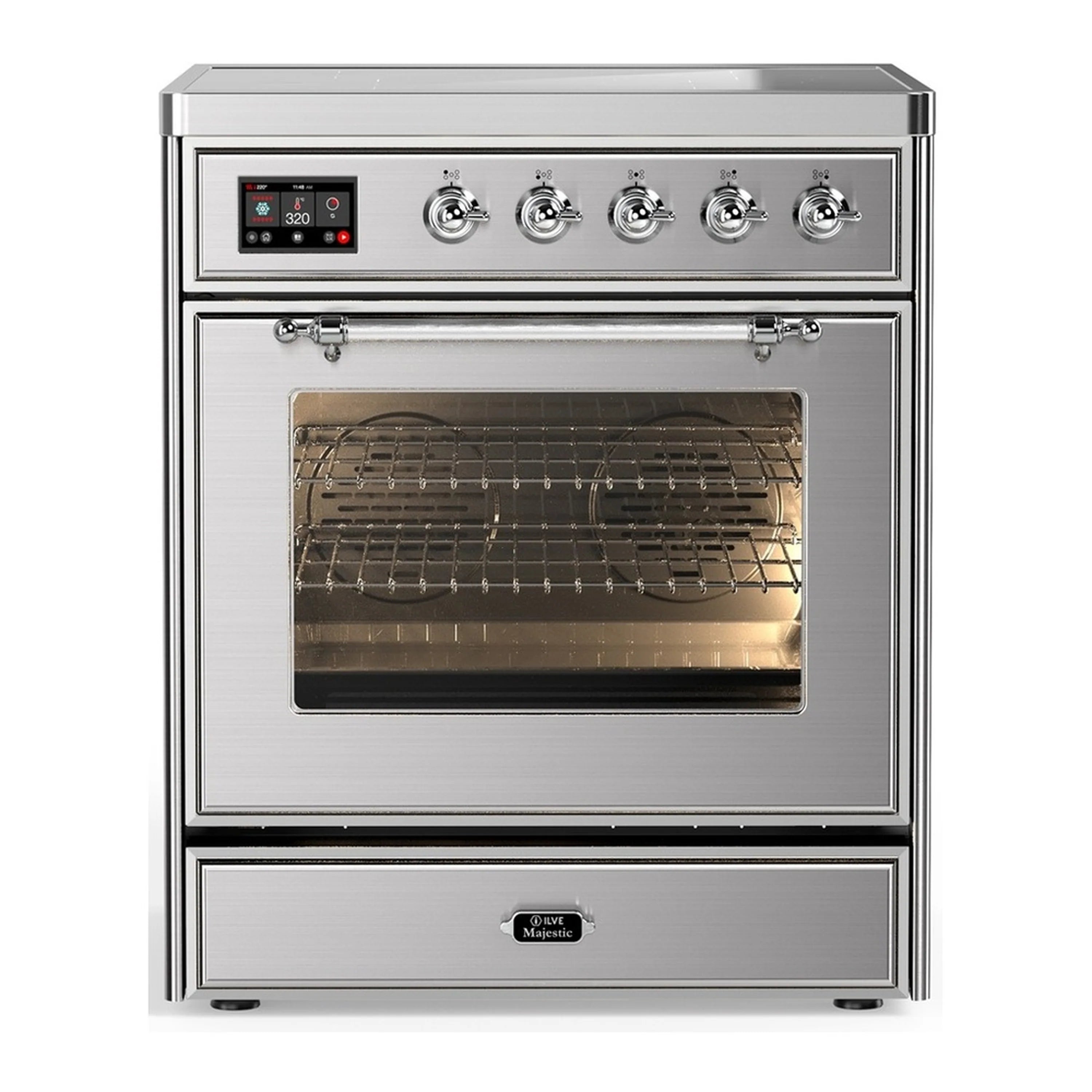 Stainless steel induction range with triple-glass oven door and chrome control knobs