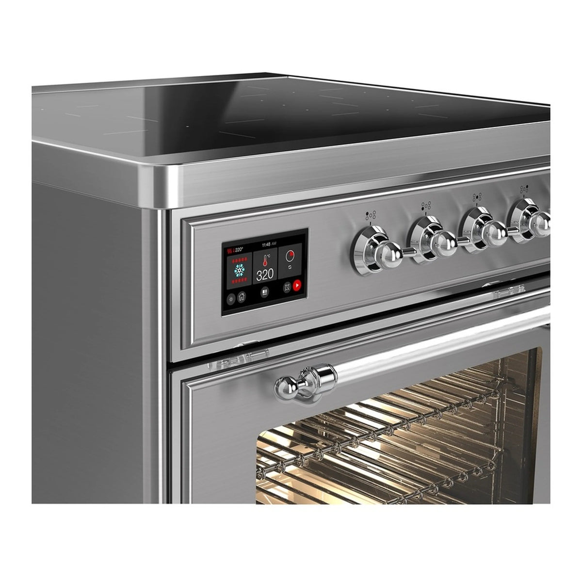 Stainless steel induction range control panel with digital display and knob controls