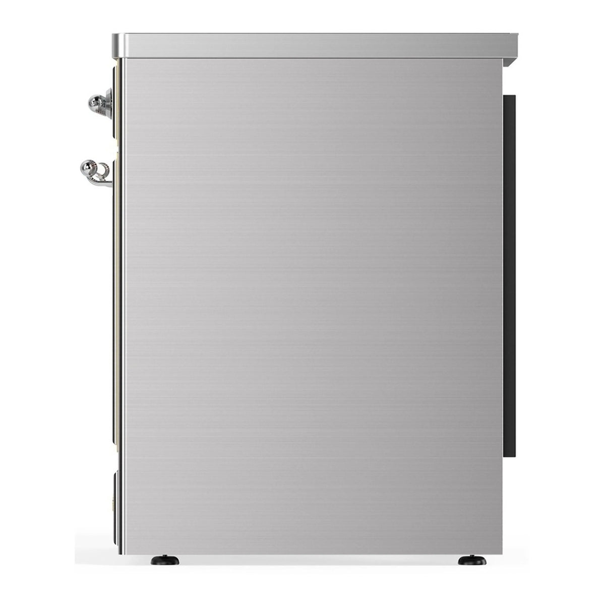 Stainless steel induction range side panel with chrome trim and integrated handle