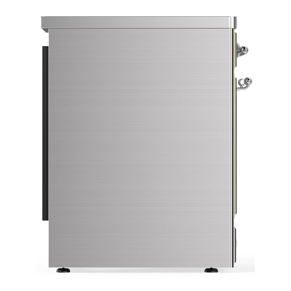 Stainless steel induction range rear-side panel with chrome handle and leveling feet