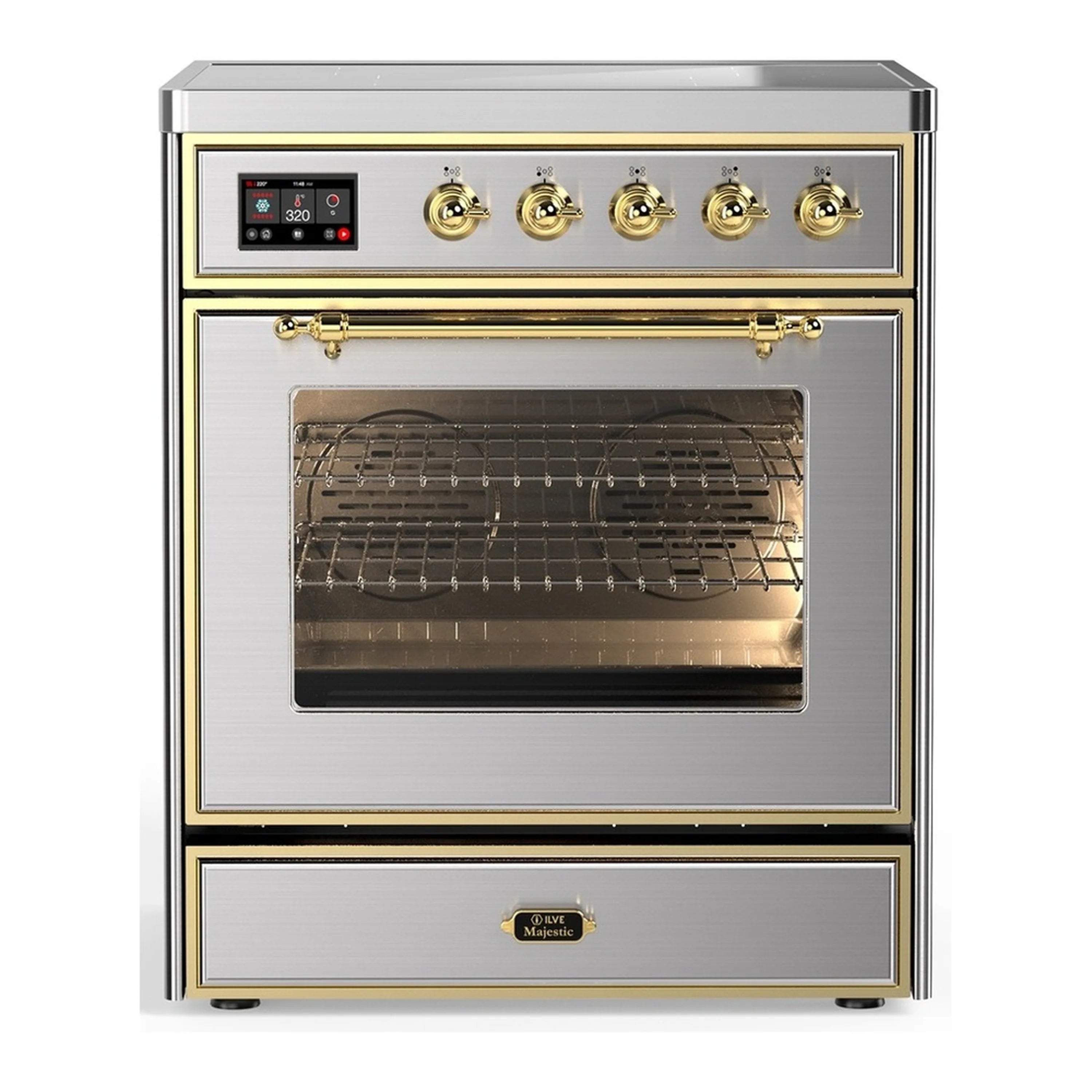 Stainless steel induction range with brass trim, open oven door and control panel