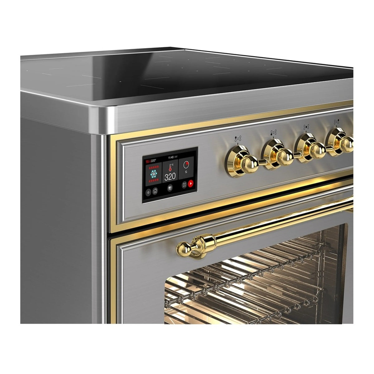 Stainless steel oven control panel with brass knobs and open glass-door oven