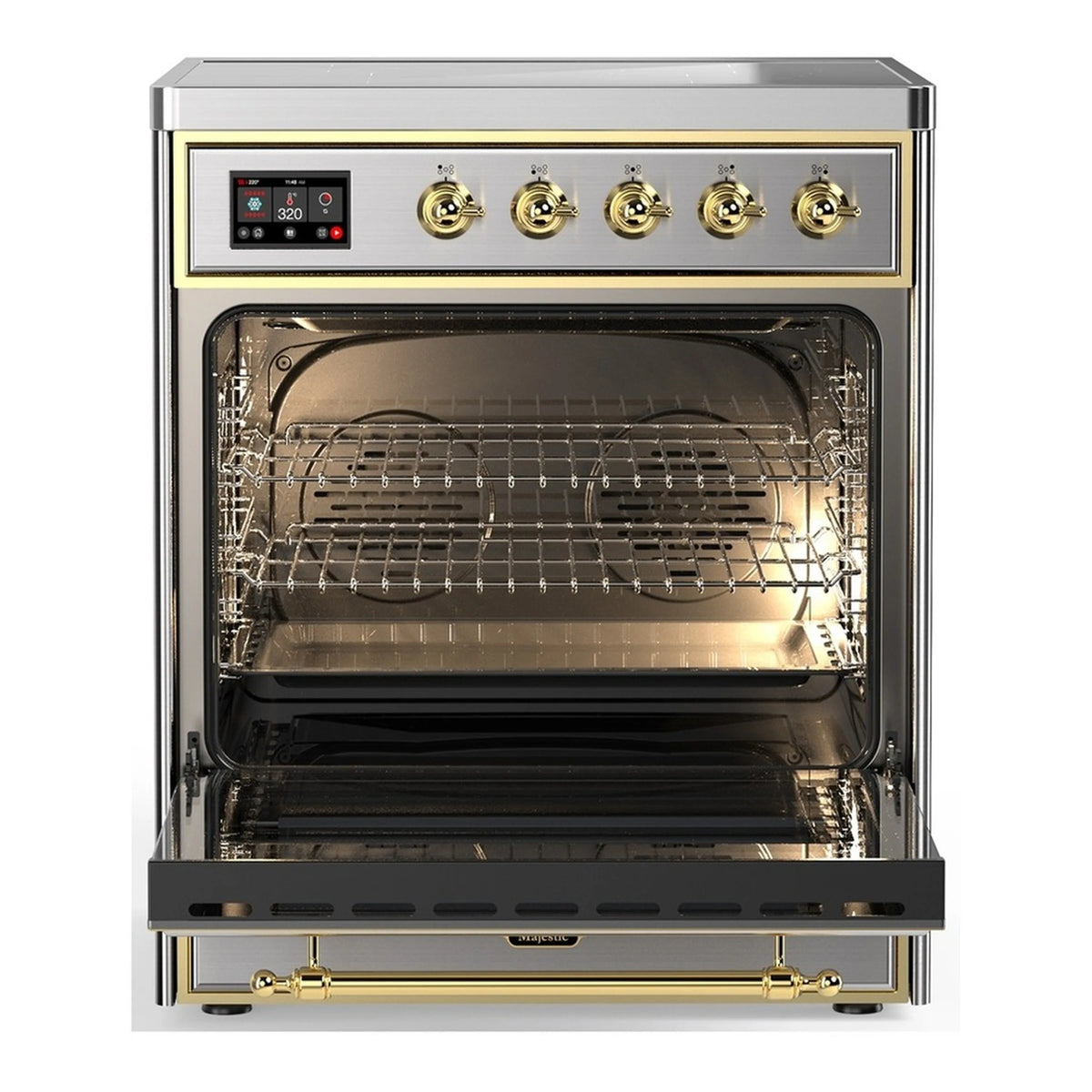 Stainless steel electric oven with open triple-glass door and wire racks