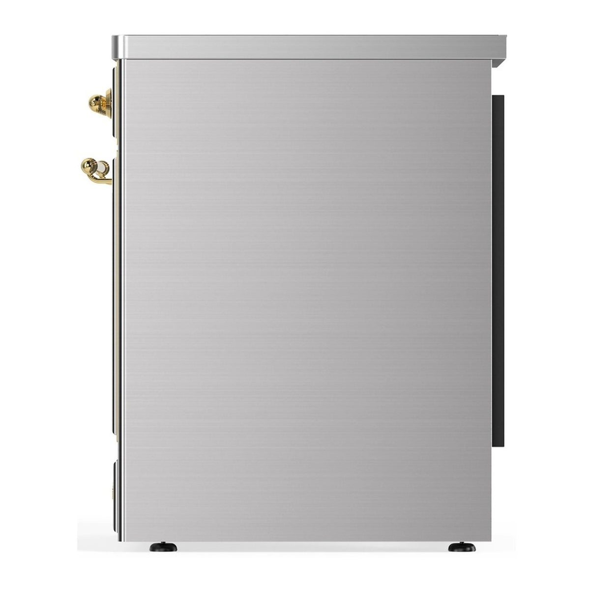 Stainless steel induction range side panel with brass handle hardware
