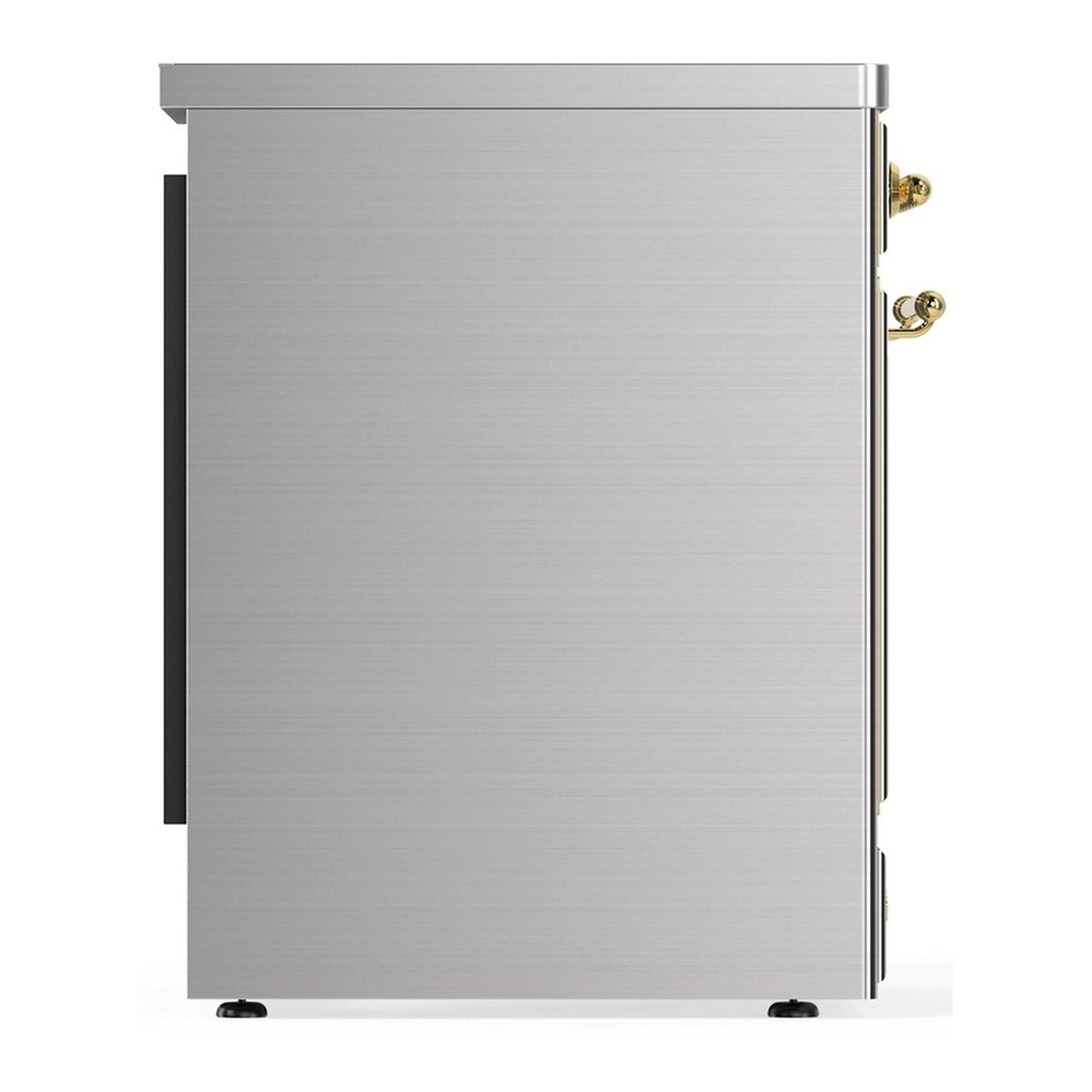 Stainless steel induction range rear panel section with brass handle hardware