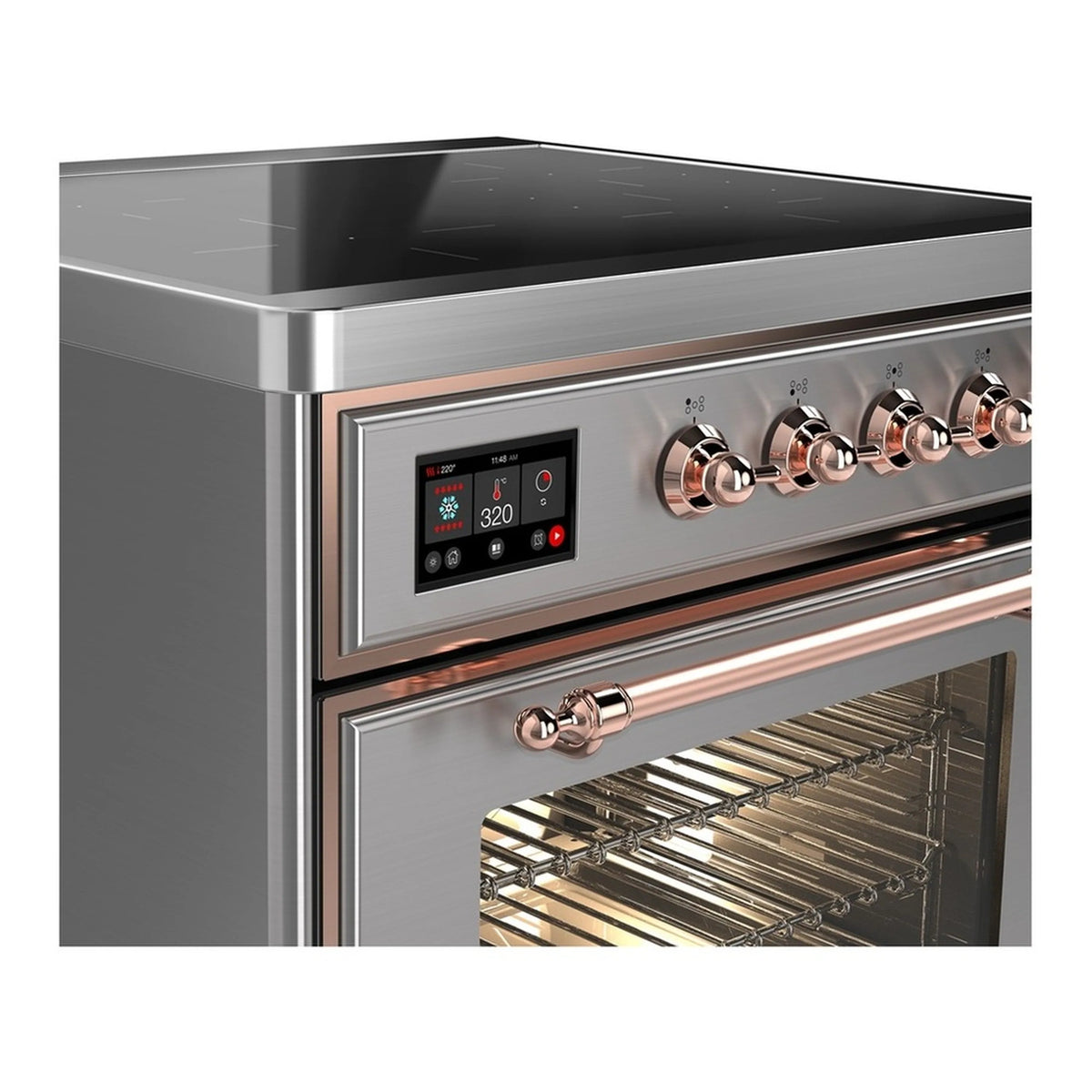 Stainless steel induction range control panel with copper knobs and digital display